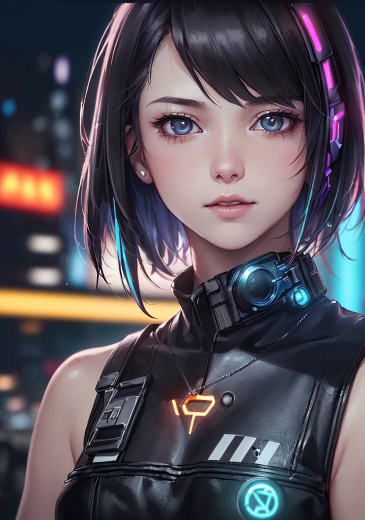 Model shooting style, (Third vision:1.8), 1 girl, (cyberpunk:1.8, cyberpunk city background:1.8), (cutest face: 1.8, perfect face:1.3), (colorful short hair:1.4, pale skin:1.5), (front:1.4), best quality, epic (author：Lee Jeffries photo, Sony A7, 50mm, pores:1.5, color, Super detailed:1.5, film grain:1.4, surreal: 1.5), octane rendering, Ultra-realistic and realistic texture, masterpiece, Unreal Engine 5, Extremely detailed CG unified 8k wallpaper, Madly detailed photo, surreal light, (Winner of the Pulitzer Prize for Photography and the Taylor Wessing Photography Award)