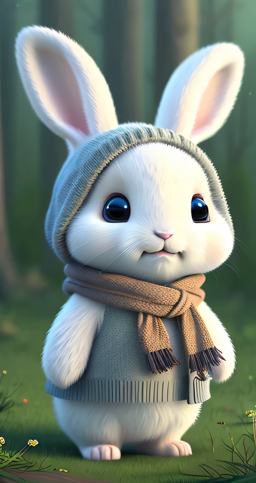 A little white rabbit wearing a scarf stands in the woods, charming digital painting, charming detailed digital art, charming forest creature, charming anthropomorphic rabbit, charming digital art, charming 3 d rendering, charming features, charming cartoon features, charming creatures, fantasy matte, charming, pain_feature, charming little creatures, Anthropomorphic Rabbit, charming animals