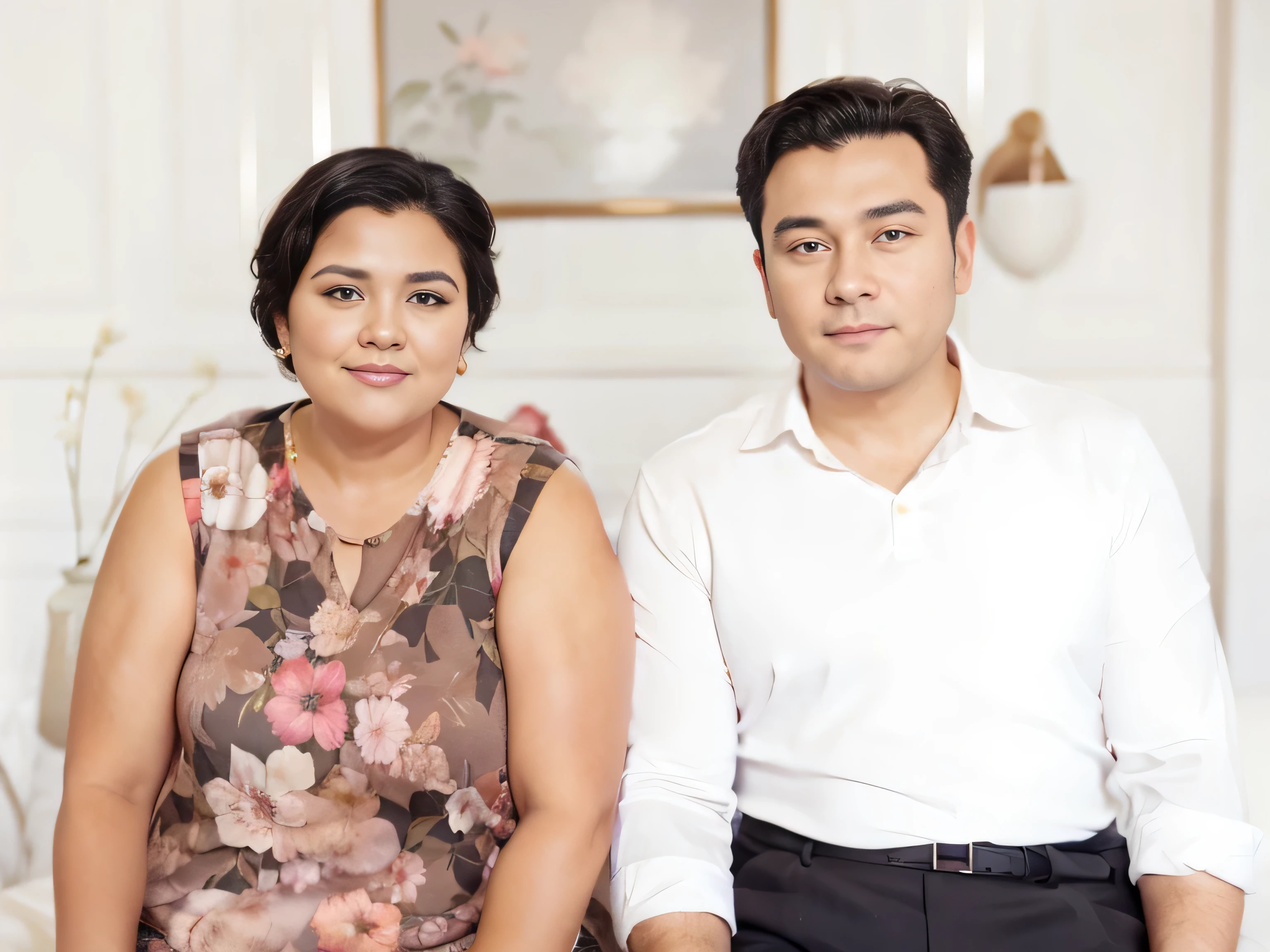 Portrait of a couple. the woman on the left is a bit fat and have a short black curly hair. The woman on the left is wearing a floral patterned sleeveless top, while the man on the right is dressed in a white long-sleeved formal shirt and dark pants.