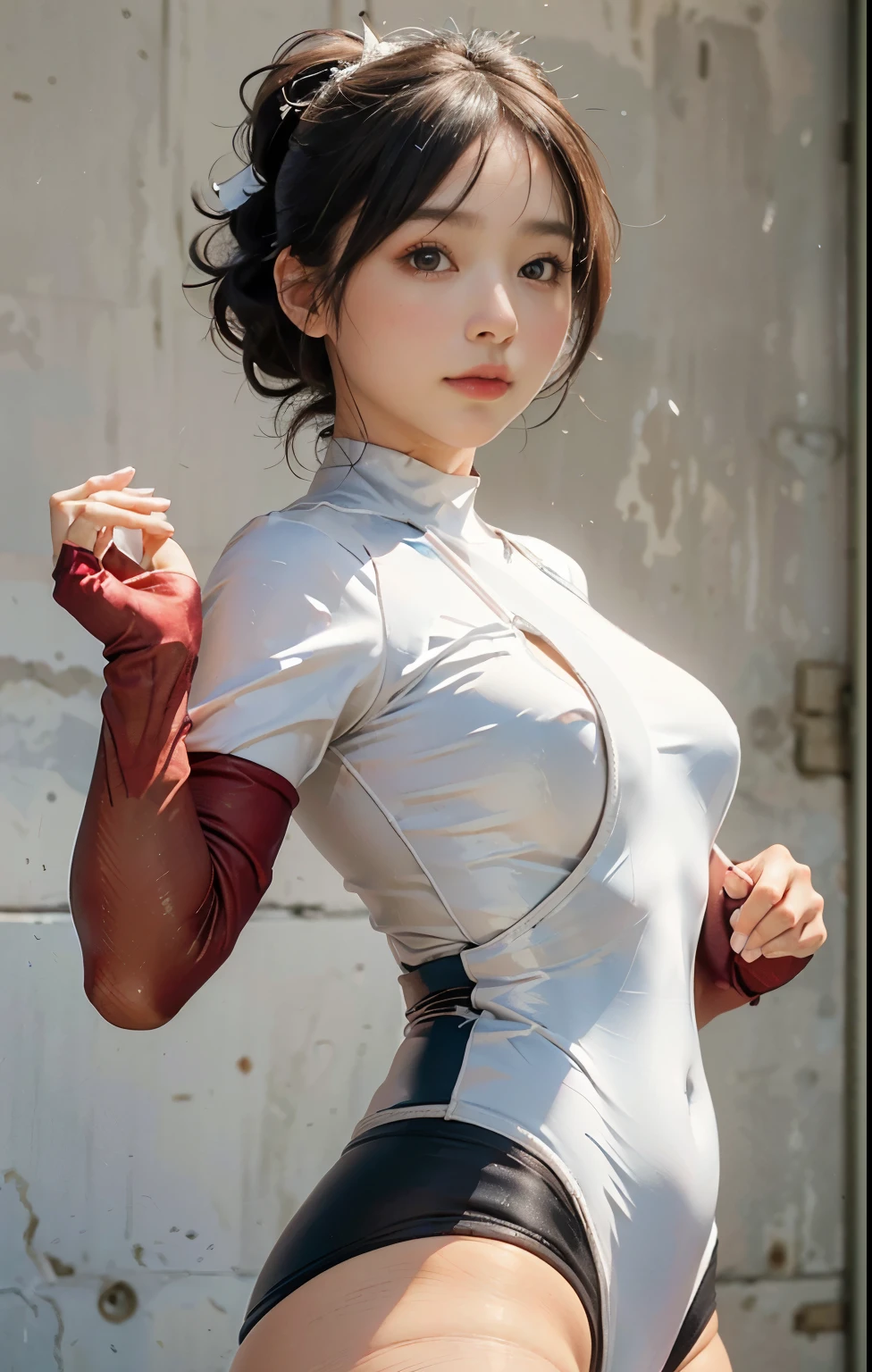 Highest image quality, outstanding details, ultra-high resolution, (realism: 1.4), ((close up:0.75, sidview)), highly condensed 1lady, with beautiful and a delicate face, perfect proportion, (Kicking To Viewer), (chubby:0.3, small breasts), (wearing white racing suit), background simple gray wall,
