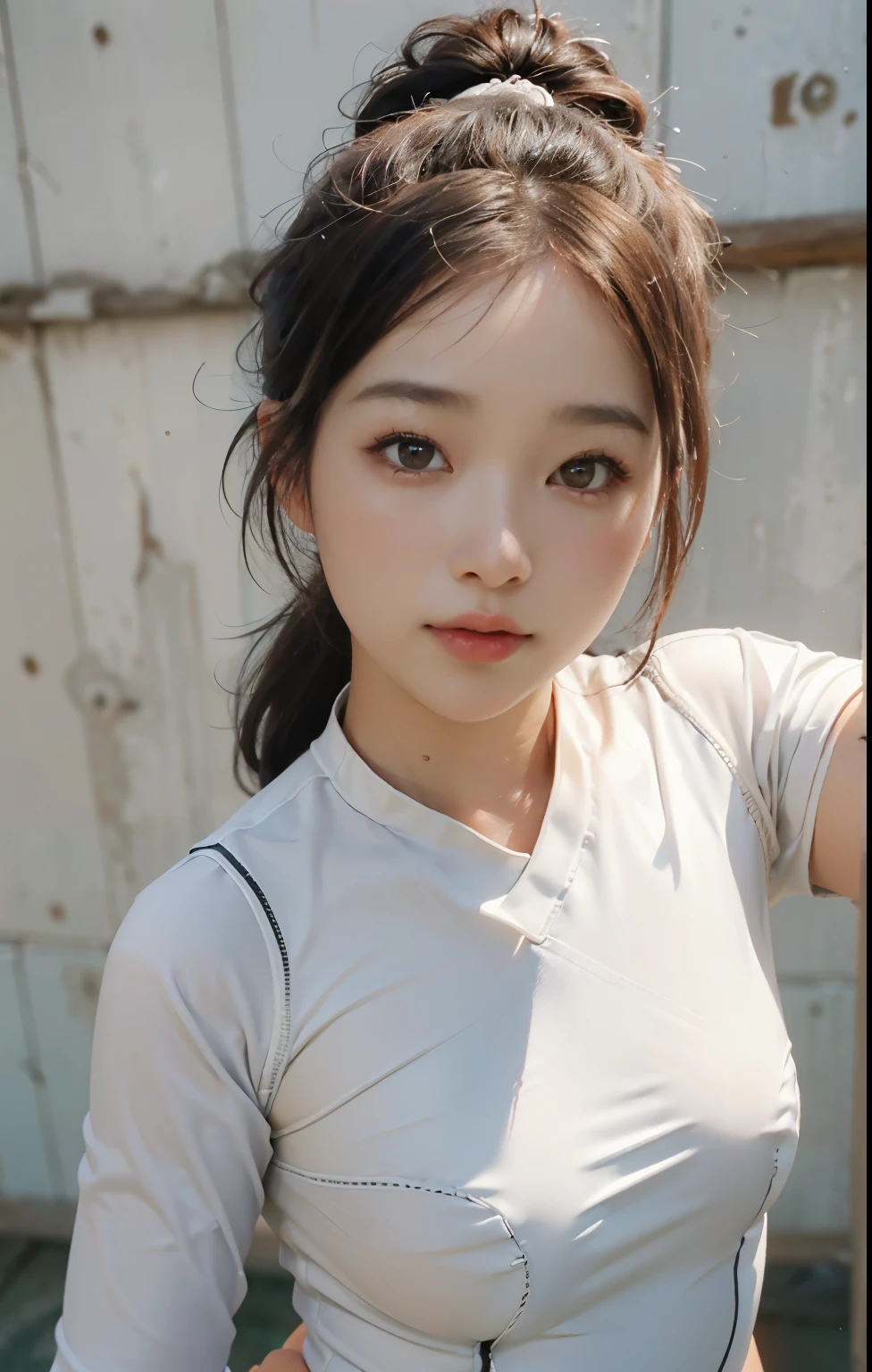 One lady,12year old,japanes,(((Black Micro Sport Bra))),Upper body portrait,A dark-haired,Beautiful ponytail,Wet with sweat,Serious look,Clothes are wet,(((See-through white t-shirt)))