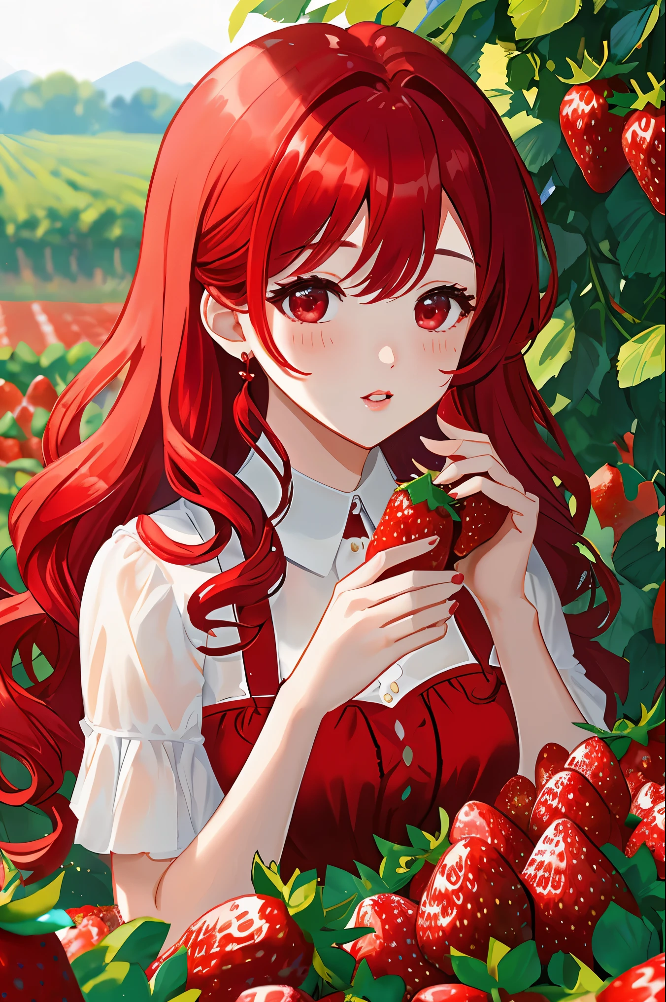 One female、red hair、curly hair、red eyes、well-groomed face、dense lips、red dress、valley、holding strawberries in your hands、Strawberry plantation、Lots of strawberries around、masterpiece、ultra high resolution、perfect lighting、16K