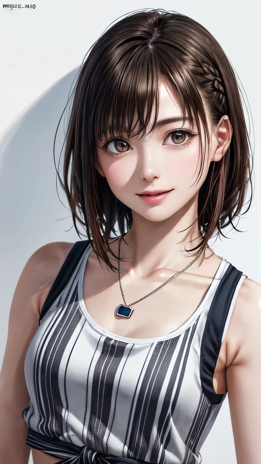 (highest quality、8k、32K、masterpiece)、(realistic)、(Photoreal:1.2)、(High resolution)、Super detailed、very beautiful face and eyes、1 girl、round and small face、thin waist、delicate body、(close、highest quality、high detail、rich skin details)、(highest quality、8k、oil paint:1.2)、Super detailed、(realistic、realistic:1.37)、bright colors、(((brown hair)))、(((bust shot)))、(((medium hair)))、(((pure white wall background)))、(((pure white wall background)))、(((White and gray stripes々wear a tank top)))、(((laughing)))、(((I&#39;m wearing a horizontal striped tank top)))、(((look straight ahead)))、(((brown hair)))、(((wearing a heart necklace)))、(((She is wearing a white and gray striped tank top)))、(((her hair is tied up with a yellow ribbon)))、(((Raising hands)))