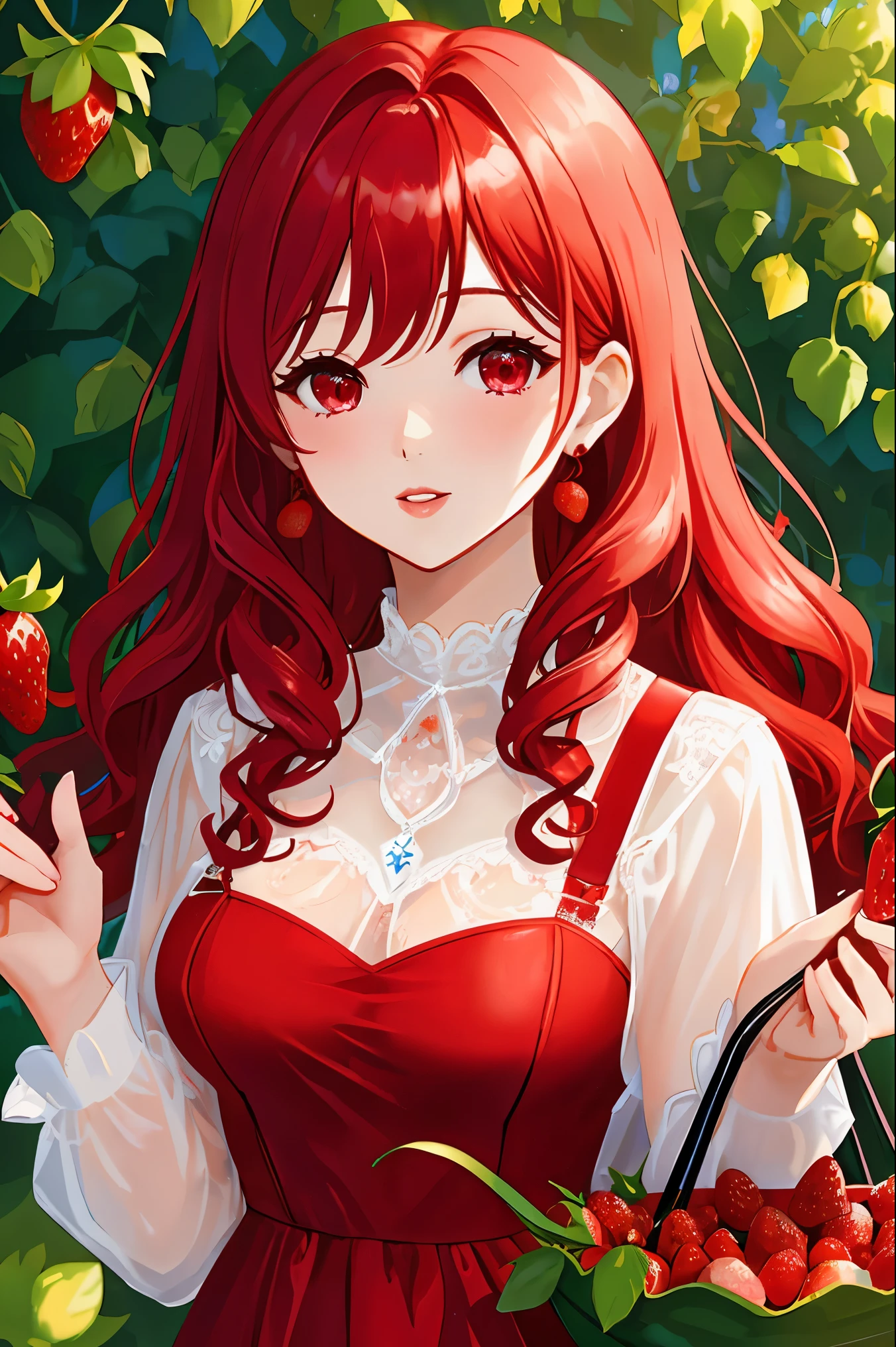 One female、red hair、curly hair、red eyes、well-groomed face、dense lips、red dress、valley、holding strawberries in your hands、Strawberry plantation、Lots of strawberries around、masterpiece、ultra high resolution、perfect lighting、16K