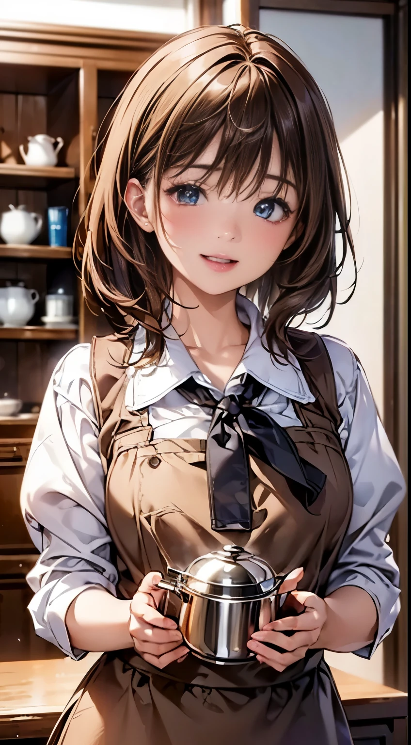 masterpiece,highest quality,Stylish western style cafe,female cafe clerk,(cafe clerkの制服:1.3,fine clothes),(carry a coffee pot),laughter,Bright atmosphere in the store, highest quality、8Kのmasterpiece、超A high resolution、(Photoreal:1.3)、RAW photo、(1 female), ((brown hair, my hair is tied back)), glowing skin, cafe clerk, stylish, cute apron、((Ultra realistic details))、portrait、global illumination、octane rendering、In 8K、super sharp、very intricate details、realistic light、Trends in CG society、beautiful eyes、shining eyes、towards the camera