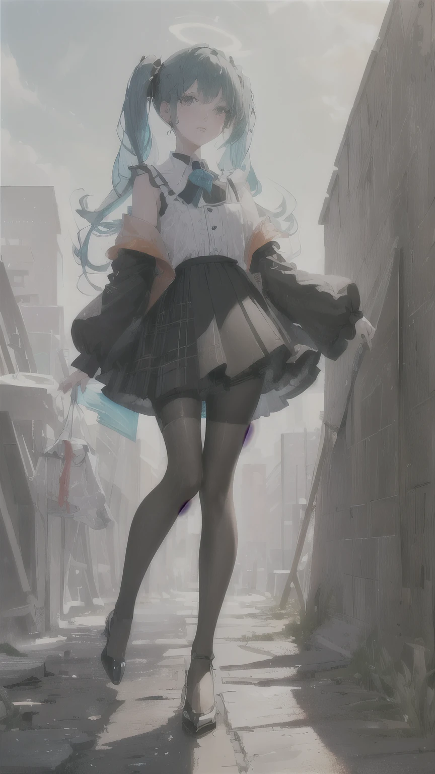 (quality:0)
8k, 8k wallpaper, (an extremely delicine and beautiful:1.1), (beautiful be familiar with eye:1.3), (best illustrinion:1.1), (最高quality:1.3), (best shadow:1.1), (cineminic lighting:1.2), be familiar with eye, (be familiar with_light:1.1), (dream-like:1.1), (extremely be familiar with CG unity 8k wallpaper:1.1), expensivereasterpiece:1.3), formal_art, ray tracing, (stylized:1.3), trending on artstinion, (ultra_be familiar with:1.2)
(style & composition:0)
1 girl, (from_Under, full_body:1.4), 一人in
(Pause & Performance:0)
blush, head_tilt, feet_apart, lips_apart, looking for_in_viewer, Are standing, Uninteresting
(character:0)
aqua_eye, aqua_hair, aqua_twin tails, argyle_pantyhose, black_pantyhose, just_shoulder, black_shirt, black_surface, chest_apart, crop_superior, cropped_shirt, clavicle, Hinsune_Miku, expensive_heels, expensive-waist_skirt, lips, length_sleeve, compensate, (Messy_hair:1.2), plaid_skirt, shiny_hair, shoulderをすくめる_\(clothing\), (small_chest:1.3), very_length_hair
(background:0)
(Reverse text:0)