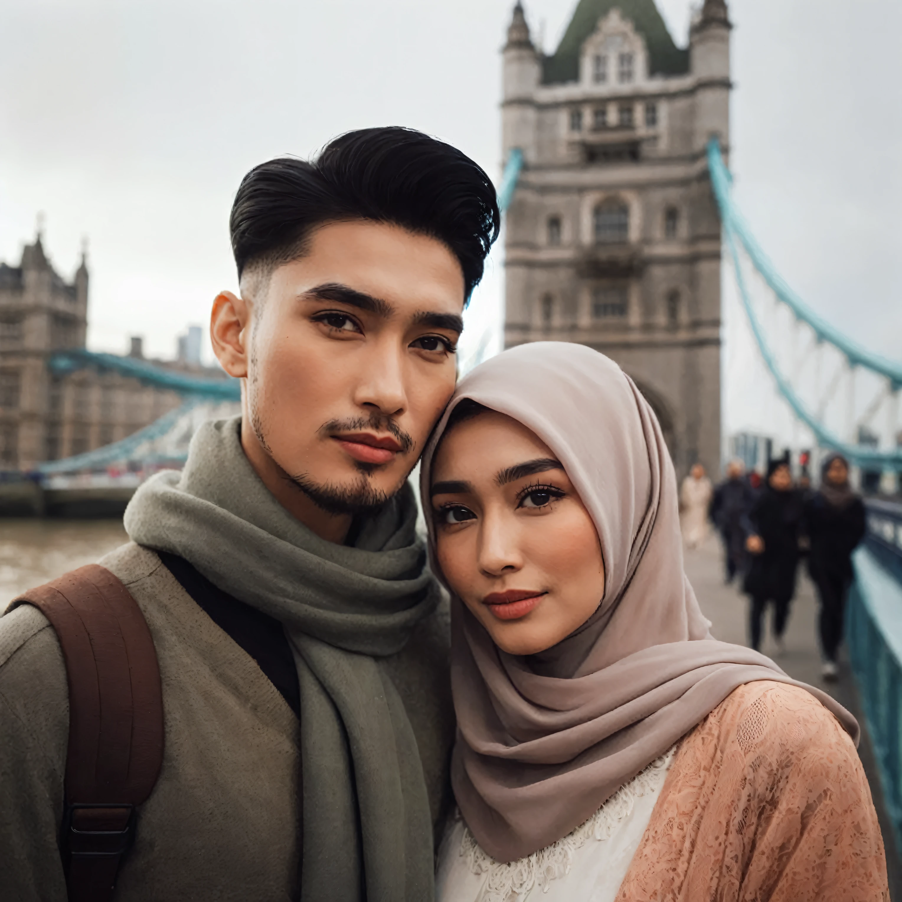Raw photography, Malaysia couple traveling in london bridge, women wear hijab, dramatic sky, sunset light, high contrast