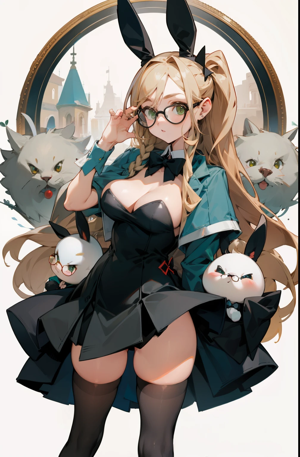 Black over-the-knee stockings,round frame glasses,Big ,edgBunny,bunny girl