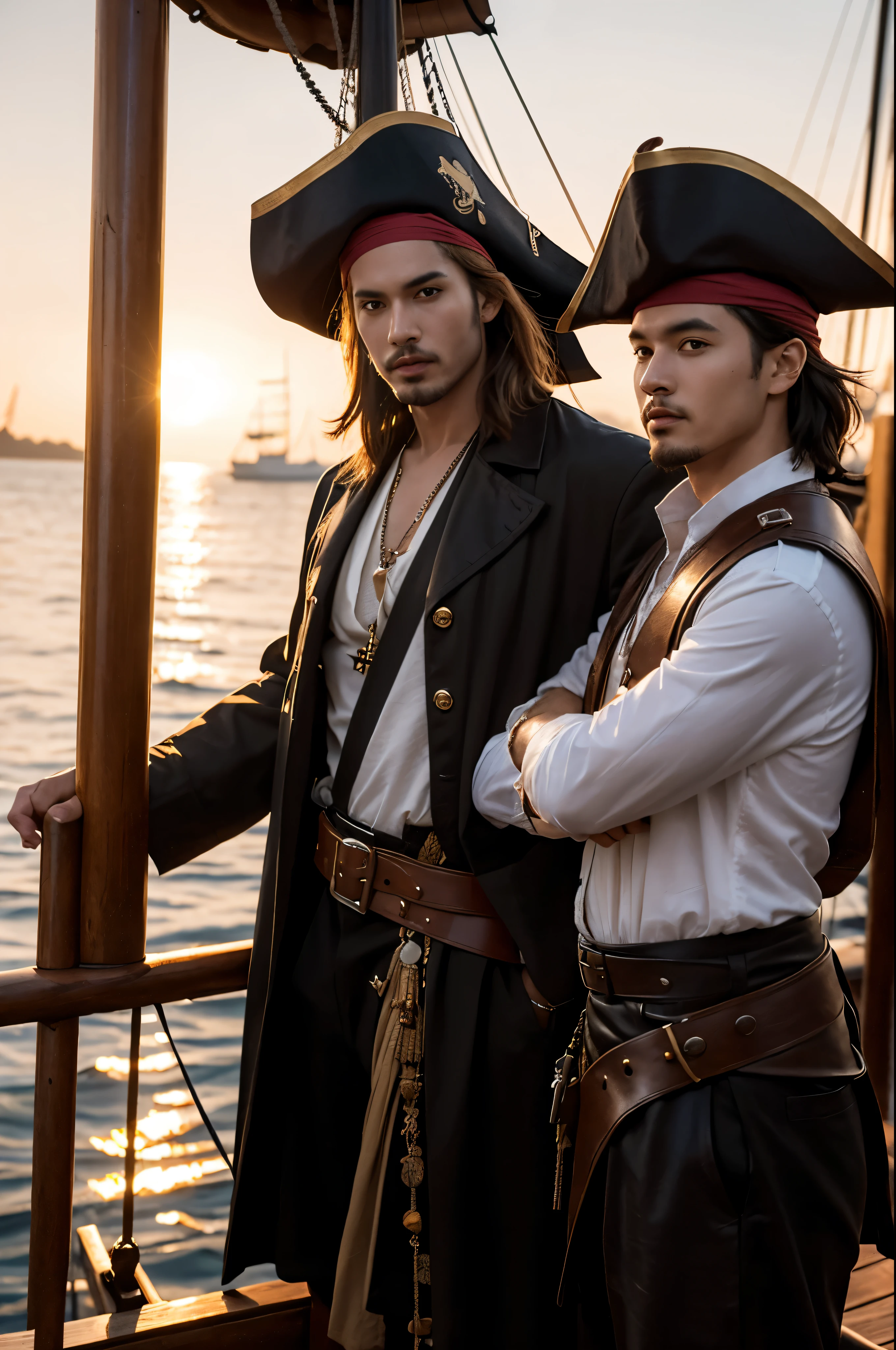 Two men standing together on the bow of a pirate ship, one wearing a tricorn hat, stylishly dressed in distinct outfits, short hair, dynamic pose, adventurous ambiance, golden hour lighting, wide angle, cinematic, highly detailed, realism.