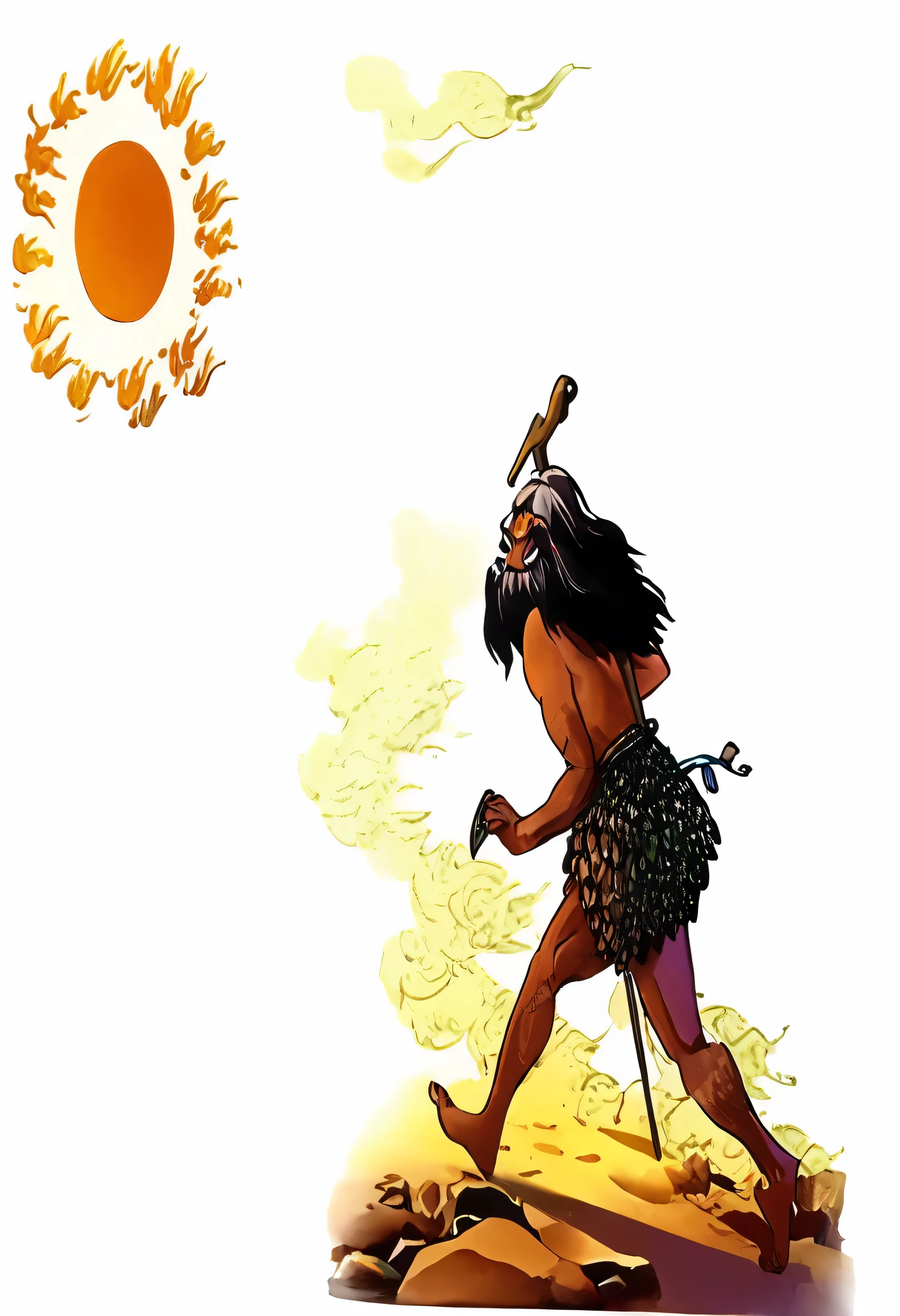 Cartoon of a man walking in the desert with a spear and feathers, selk ´ nam sun god, sun god, Caveman cowering in fear, Wearing caveman clothes, The sun is behind him, man holding spear, The dawn of humanity, ancient blacksmith god, ancient mesopotamian warrior, Holding a spear, 傳說中Holding a spear的神