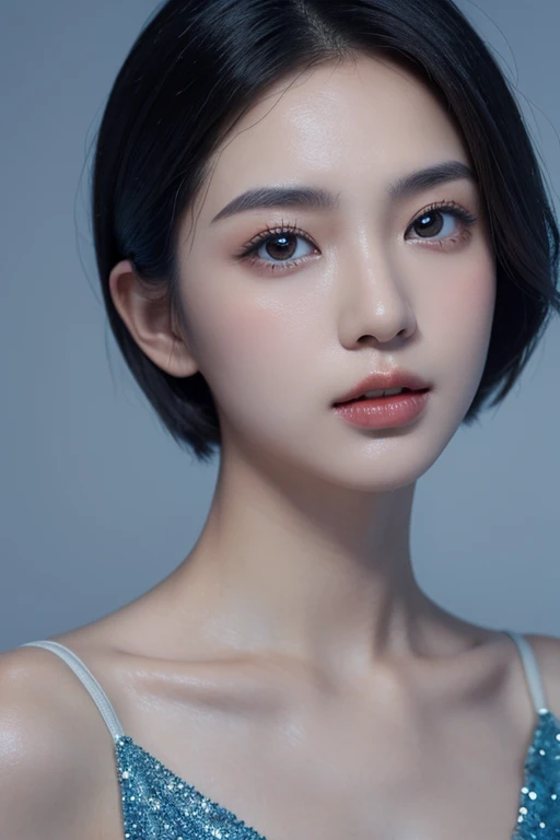 a pretty asian girl，short hair，White and blue dress，Perfect and exquisite facial features，Close-up of face，front Photo，Light-sensitive，Top special effects，8k