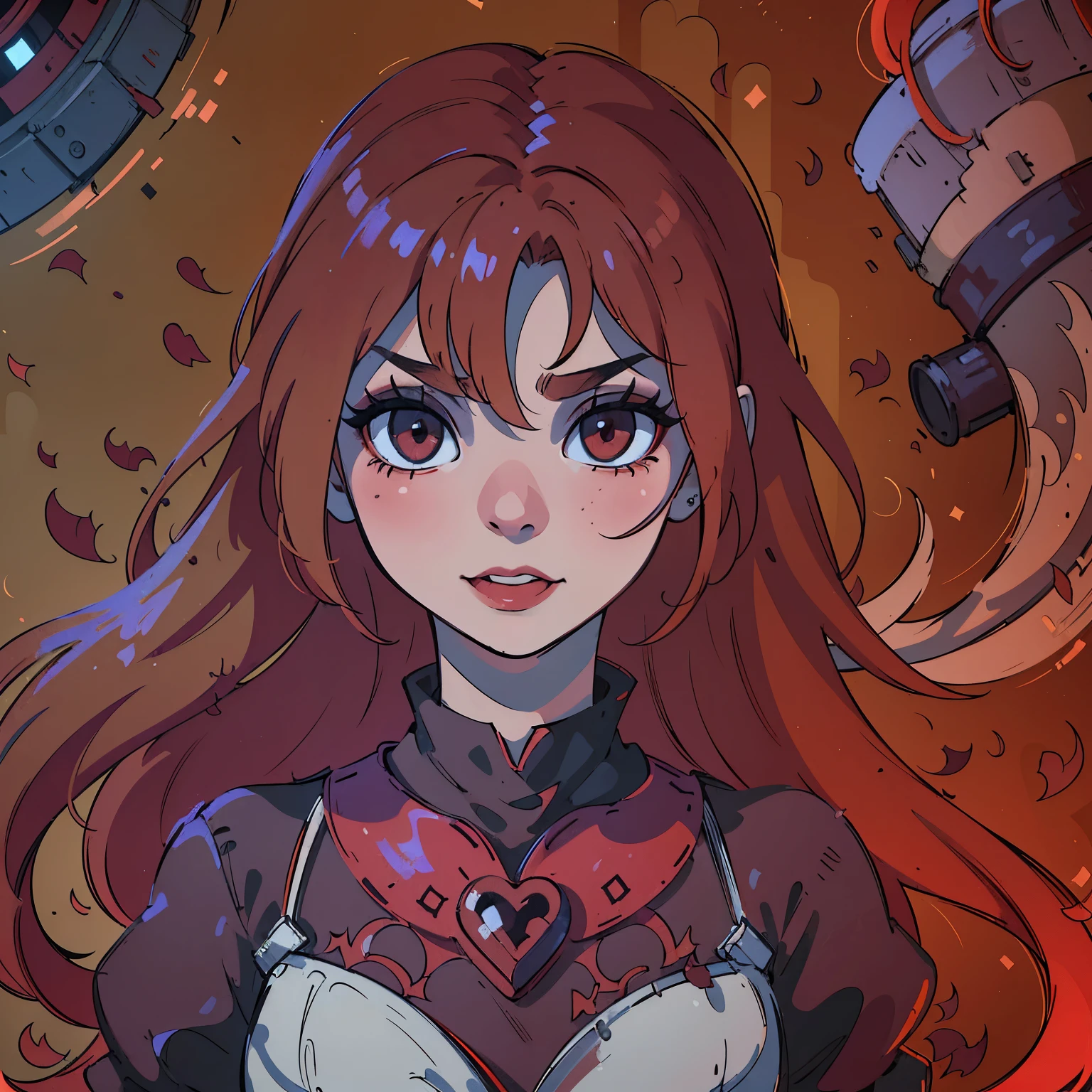 (best quality,4k,8k,highres,masterpiece:1.2),ultra-detailed,(realistic,photorealistic,photo-realistic:1.37),blood red hair,blood red eyes,extremely detailed eyes and face,lighter skin,vivid colors,dark shadows,dramatic lighting,gothic,horror,portrait,very red hair,beautiful nose,smile, Do not alter the hair fringe,Red lipstick, smile with beautiful teeth