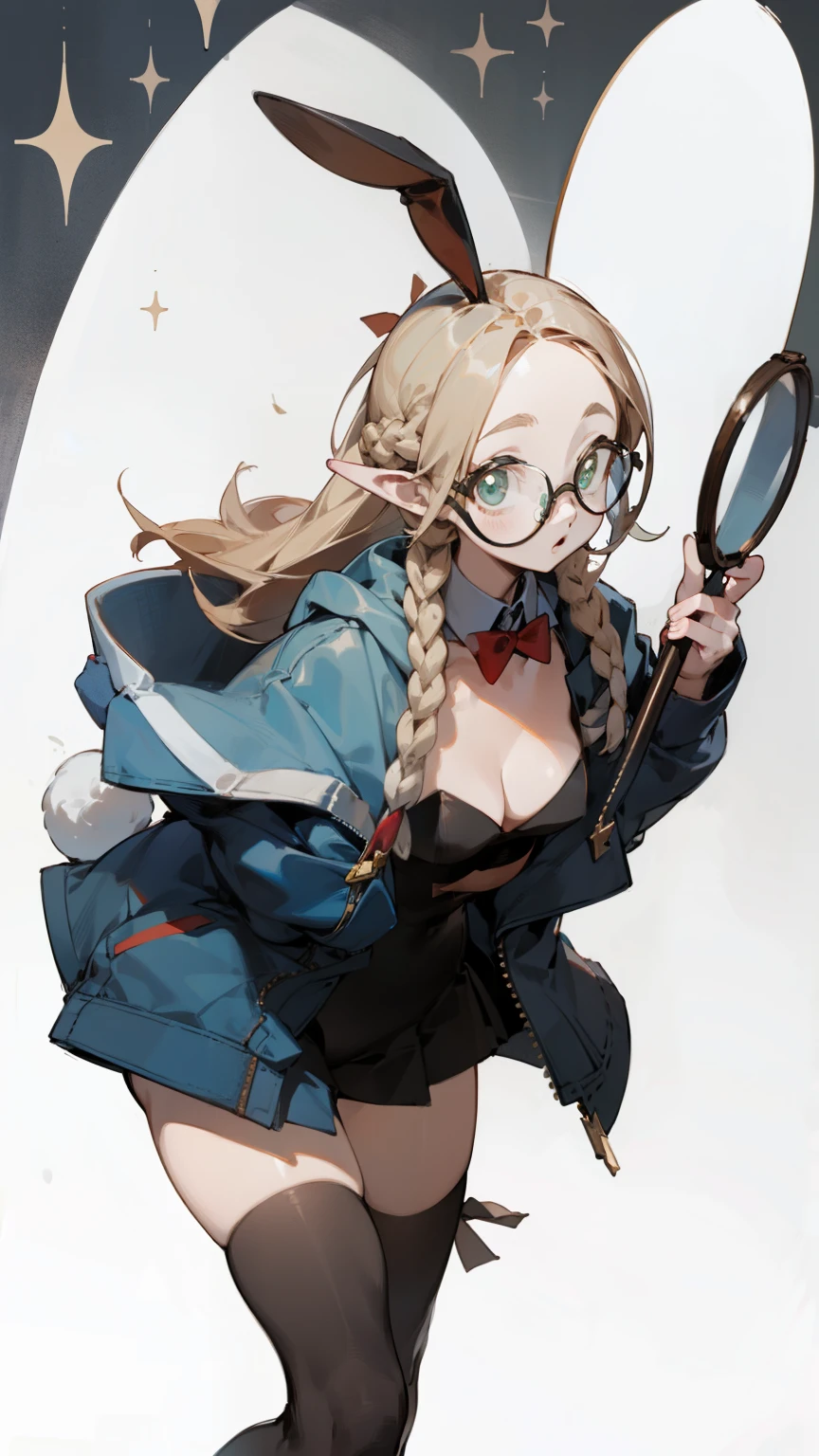 glow,masterpiece, fair, 4K, best quality, cute face, Blonde,high ponytail,Pointed ears,Round frame glasses,wide hips, pouting expression, pantyhose, bunny girl