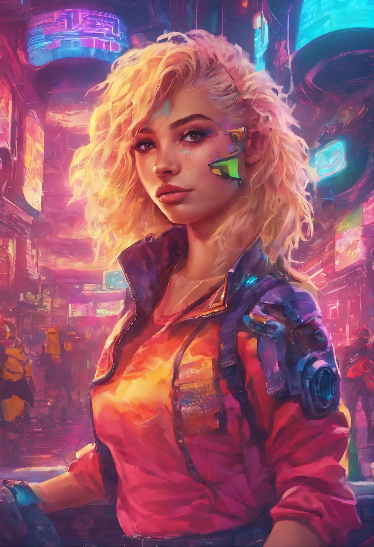 1 girl 15 years old wears a top and mini skirt, und Hohe Stiefel ihre Haare sind Lang und Blond, gorgeous smile big, Hintergrund  Wolken  Sonne, Futuristische Stadt  Cyberpunk, UHD, masterpiece, anatomically correct, textured skin, super detail, high details, high quality, best quality, highres, 8k