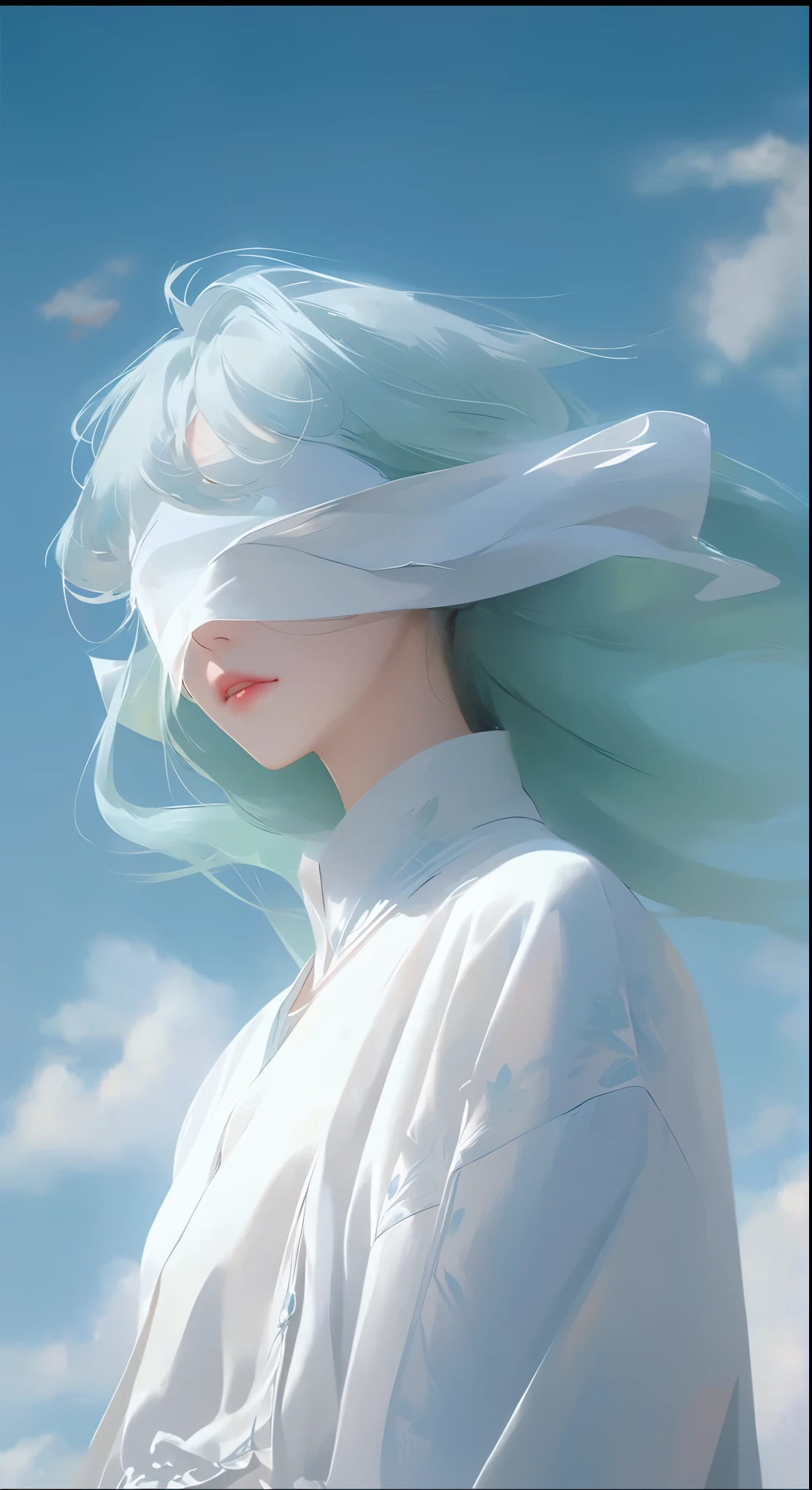 There is a blue hair、woman in white shirt, guweiz style artwork, flowing white hair, Beautiful anime portrait, White hair floating in the air, Soft anime illustration, white hair girl, Stunning anime face portraits, Cyan hair anime girl, guweiz, Beautiful anime artwork, Ethereal animation, girl with white eyes, digital animation art