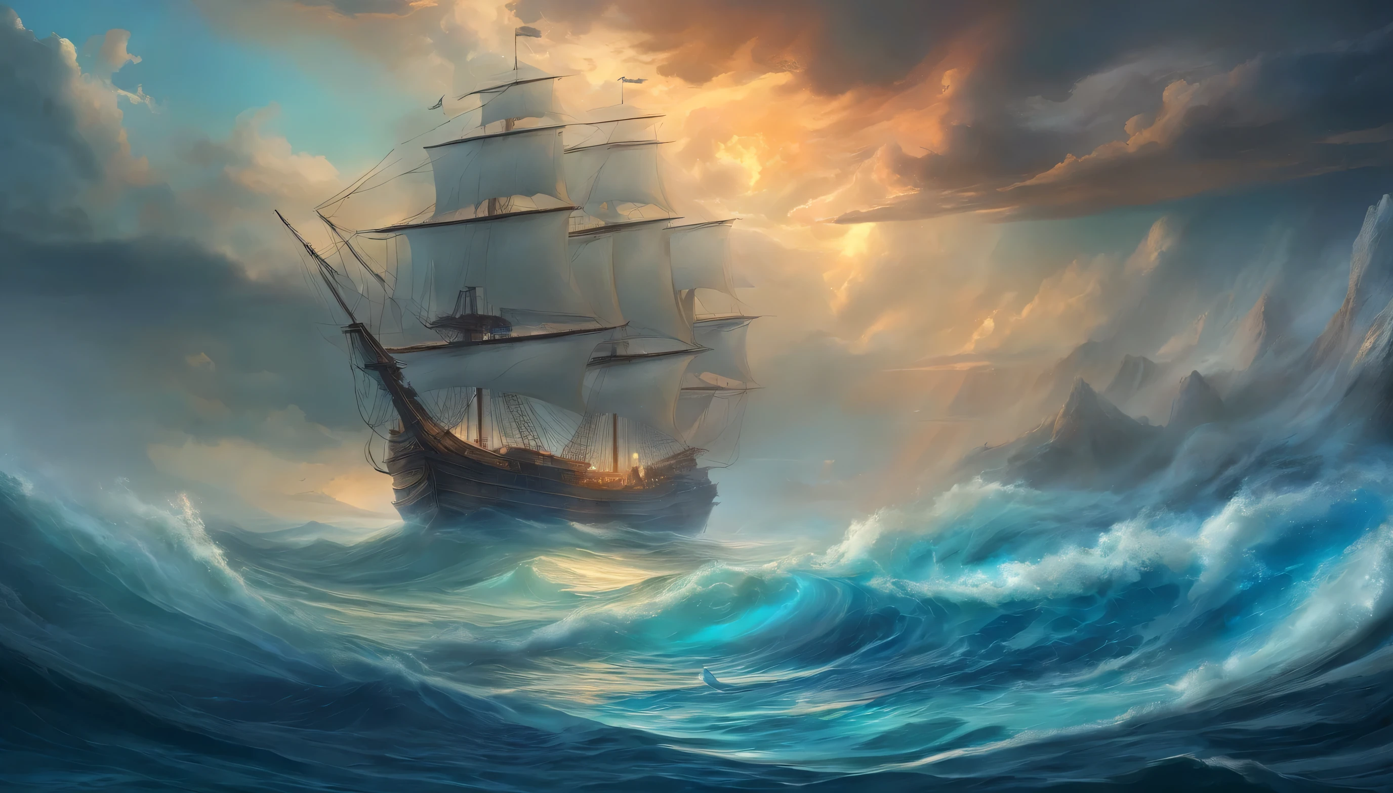The picture depicts a dramatic and tumultuous ocean scene with towering waves and a blue, stormy atmosphere. A large, old-fashioned sailing ship is at the center of the image, navigating through massive waves that surround it. The sky is filled with swirling clouds that are illuminated from behind, creating a mix of blue and bright highlights. The color palette consists of dark blues and whites for the ocean and clouds, with touches of warm tones where light penetrates the scene. There’s an ethereal quality to the lighting that gives the scene a fantastical or otherworldly appearance