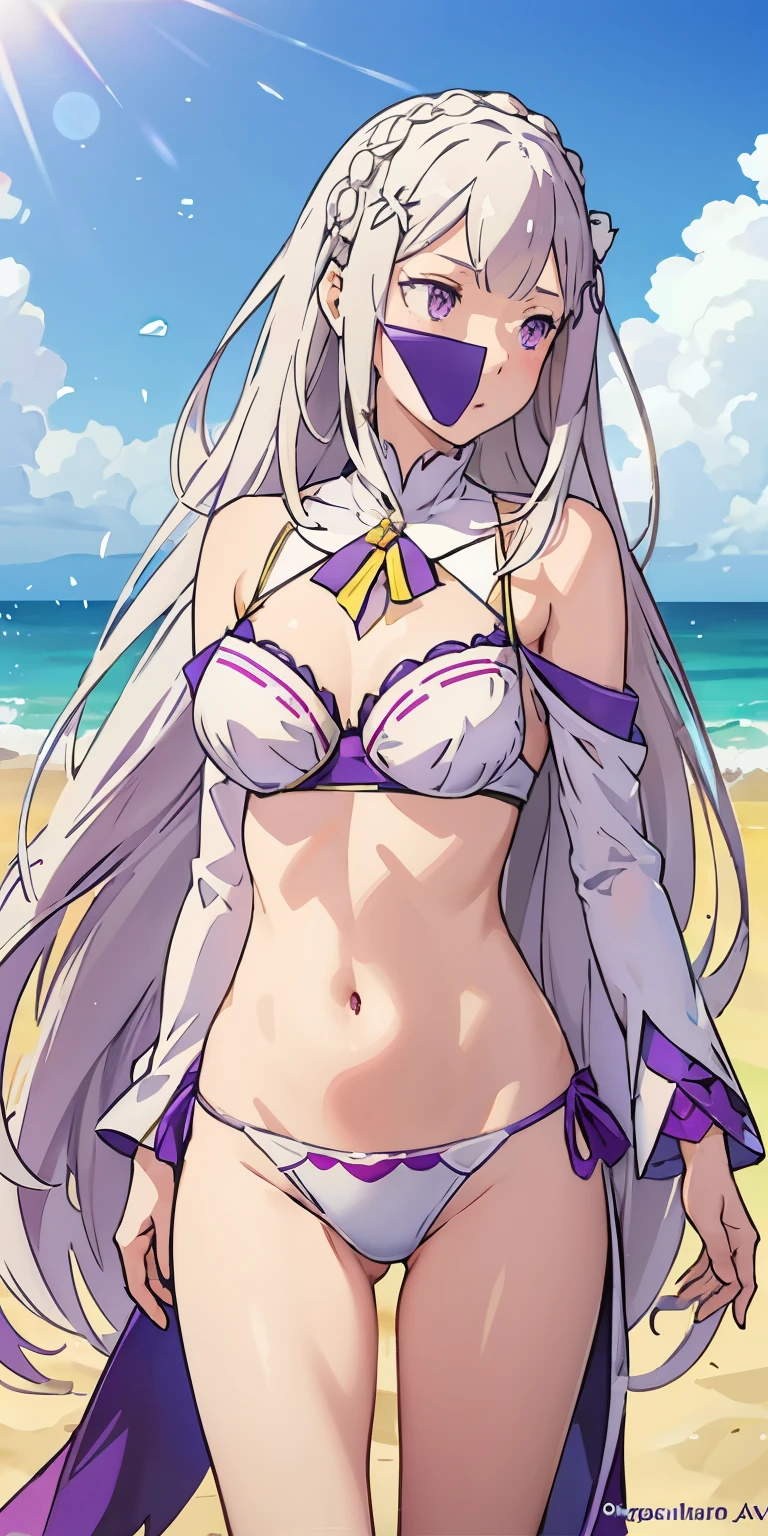 realistic, 1girl, Emilia re:zero, crown braid, flower hair ornament, x hair ornament, white hair, long hair, purple eyes, bikini, beach, light particles, light rays, wallpaper