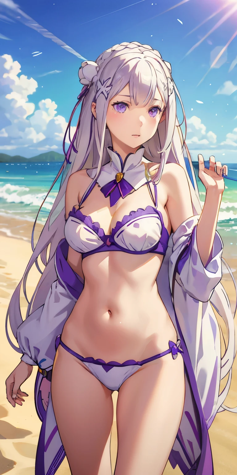 realistic, 1girl, Emilia re:zero, crown braid, flower hair ornament, x hair ornament, white hair, long hair, purple eyes, bikini, beach, light particles, light rays, wallpaper