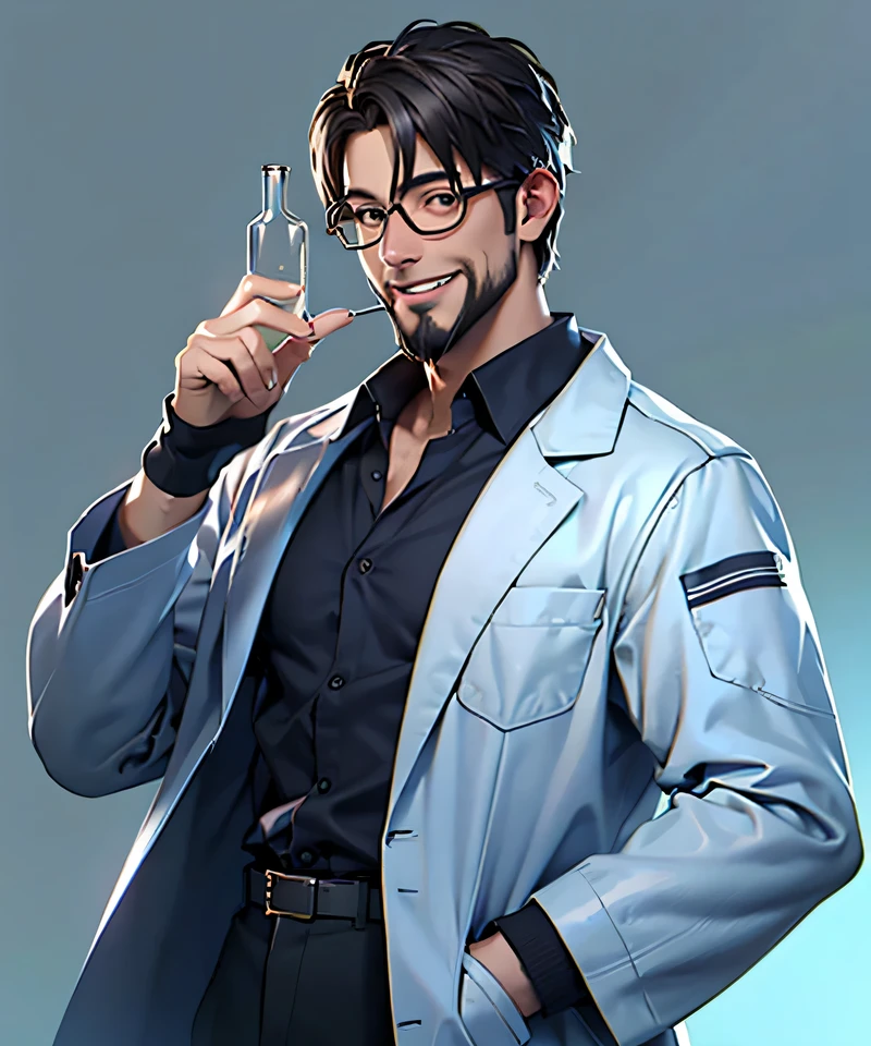 11:23(((best quality: 1.4))),(Unparalleled masterpiece), (Ultra high quality),(Hyper-realistic 8K CG)、(middle aged man有胡子),(There are technological elements on the clothes),(beard),(bad guy),Hand holding experimental equipment,Crazy smile,middle aged man,50 years old, Laugh wildly,look at camera, (Home,, white coat, test tube in hand,Test tube glows, Glasses),dim lights,darkroom,masterpiece,Half body, portrait,Ray tracing