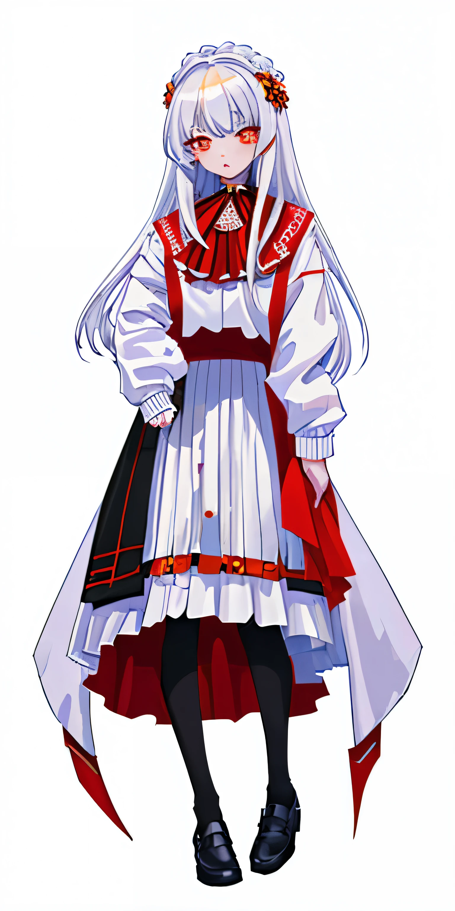 1 girl, masterpiece, best quality, high quality, Olga_mary, white_hair, Tangerine_Eye, LONG hair, Eye之间的hair, long sleeves, jacket, red ascot, skirt, skirt, pantyhose, 很长的hair, cowboy shooting, 