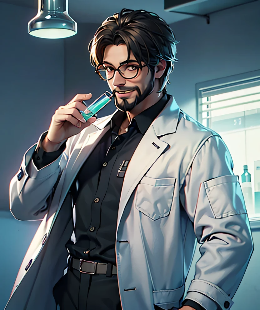 11:23(((best quality: 1.4))),(Unparalleled masterpiece), (Ultra high quality),(Hyper-realistic 8K CG)、（Clothes with technological equipment），（middle aged man有胡子），（beard），（bad guy），Hand holding experimental equipment，Crazy smile，middle aged man，50 years old， Laugh wildly,look at camera, (Home,, white coat, test tube in hand,Test tube glows, Glasses),dim lights,darkroom,masterpiece,Half body, portrait,Ray tracing