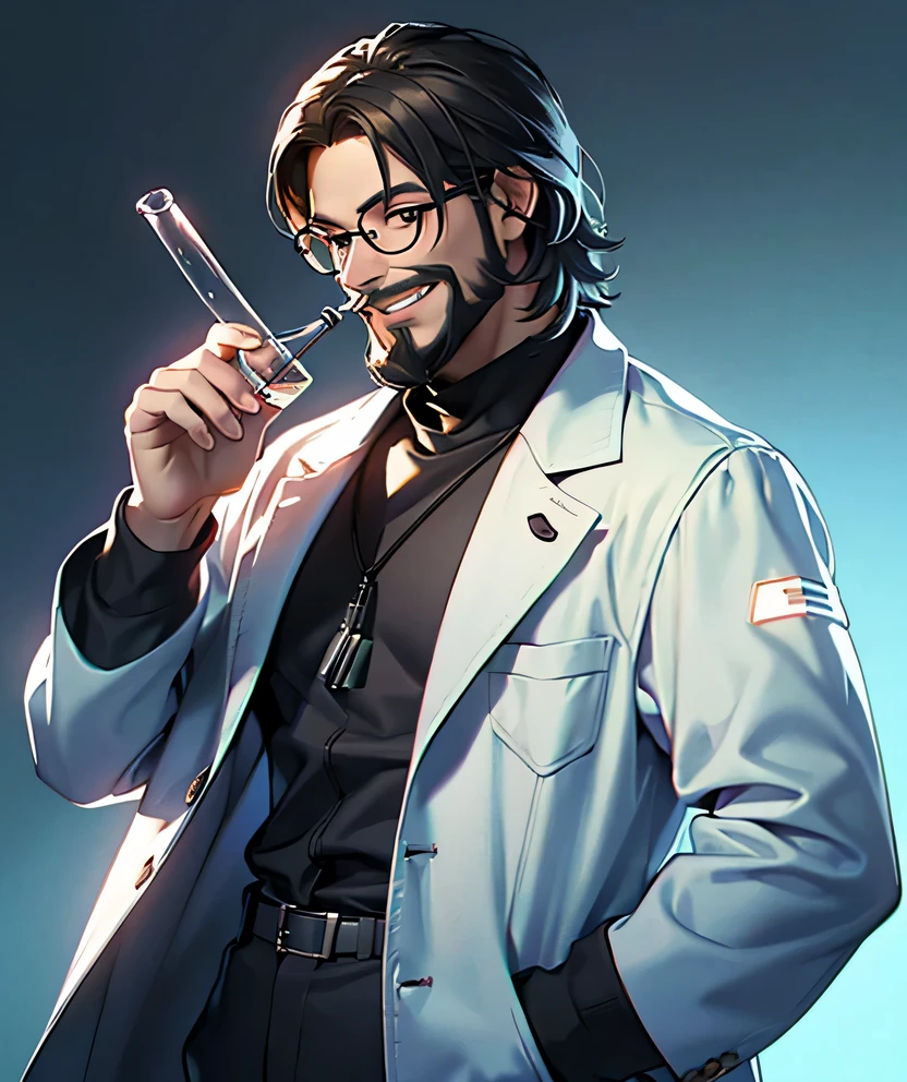 11:23(((best quality: 1.4))),(Unparalleled masterpiece), (Ultra high quality),(Hyper-realistic 8K CG)、(Clothes with technological equipment),(middle aged man有胡子),(beard),(bad guy),Hand holding experimental equipment,Crazy smile,middle aged man,50 years old, Laugh wildly,look at camera, (Home,, white coat, test tube in hand,Test tube glows, Glasses),dim lights,darkroom,masterpiece,Half body, portrait,Ray tracing