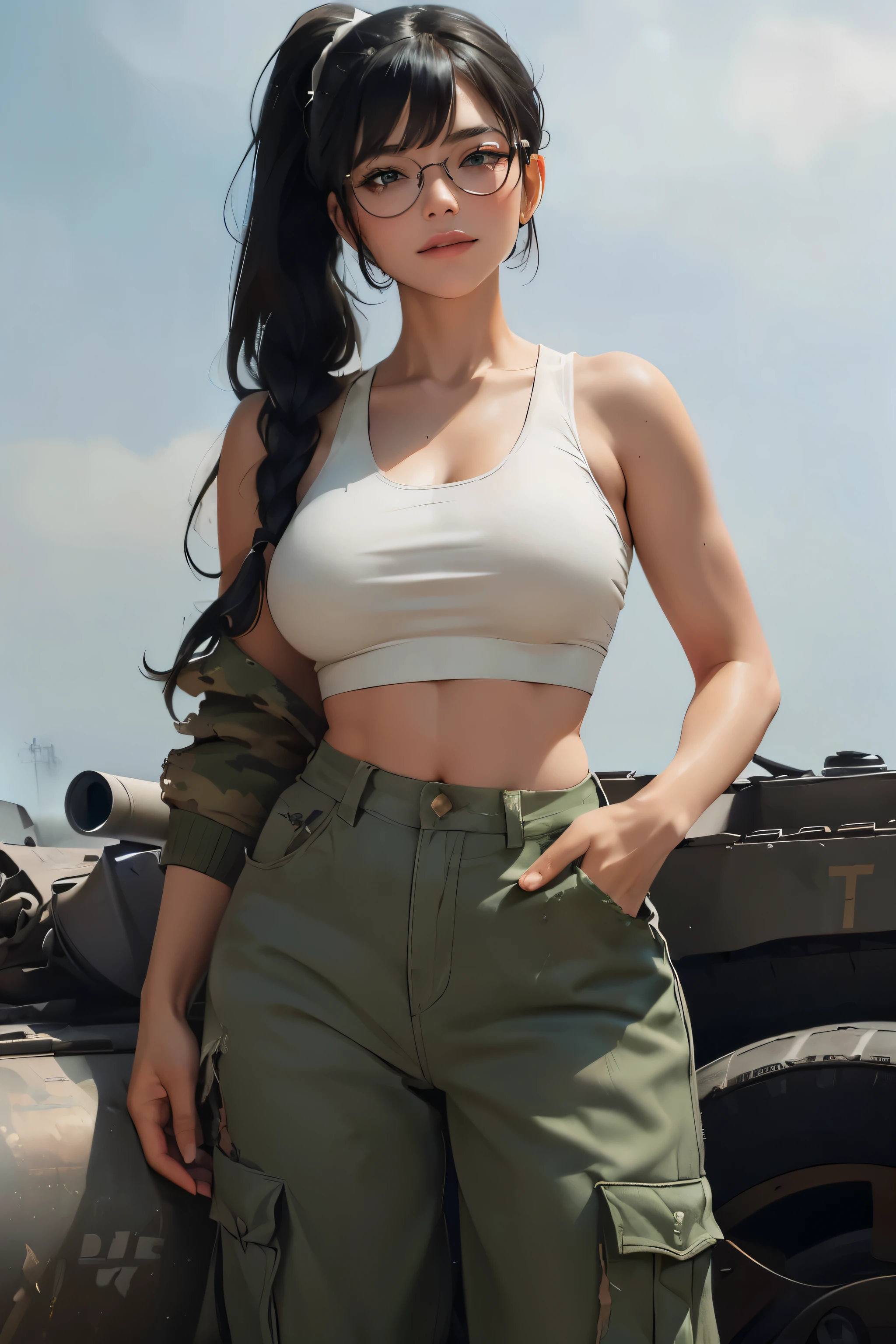 ((wide angle)), beautiful female veteran, black hair in a ponytail, smooth, สวมแว่นตาlarge size, wound, injury, Smile confidently., (((wearing a white military vest, wearing ww2 military pants. large size, off shoulder, suffering, dilapidated))), on the ww2 battlefield.