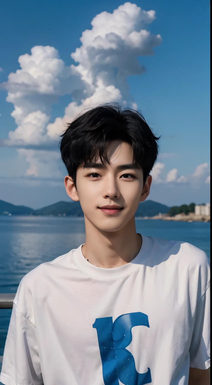 (realistically, masterpiece, 8K HD, good lighting quality, sportswear, fit snugly on face, intricate details), a handsome korean young man, 20 years old, happy, Smile brightly, Detailed face, delicate eyes, look at sky, Wear casual clothing, period, black eyes, black hair color hair, smooth hair, Bangs, Outdoor sports, seaside, sunny,blue sky,Surreal,Super detailed,top quality,actual,