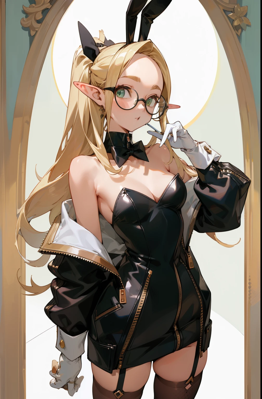 (masterpiece, best quality) detailed, silver accessories , zipper unzipped , blond ,elegant, pointed ears ,Off the shoulders,Black over-the-knee stockings,round frame glasses,Big ,edgBunny,bunny girl