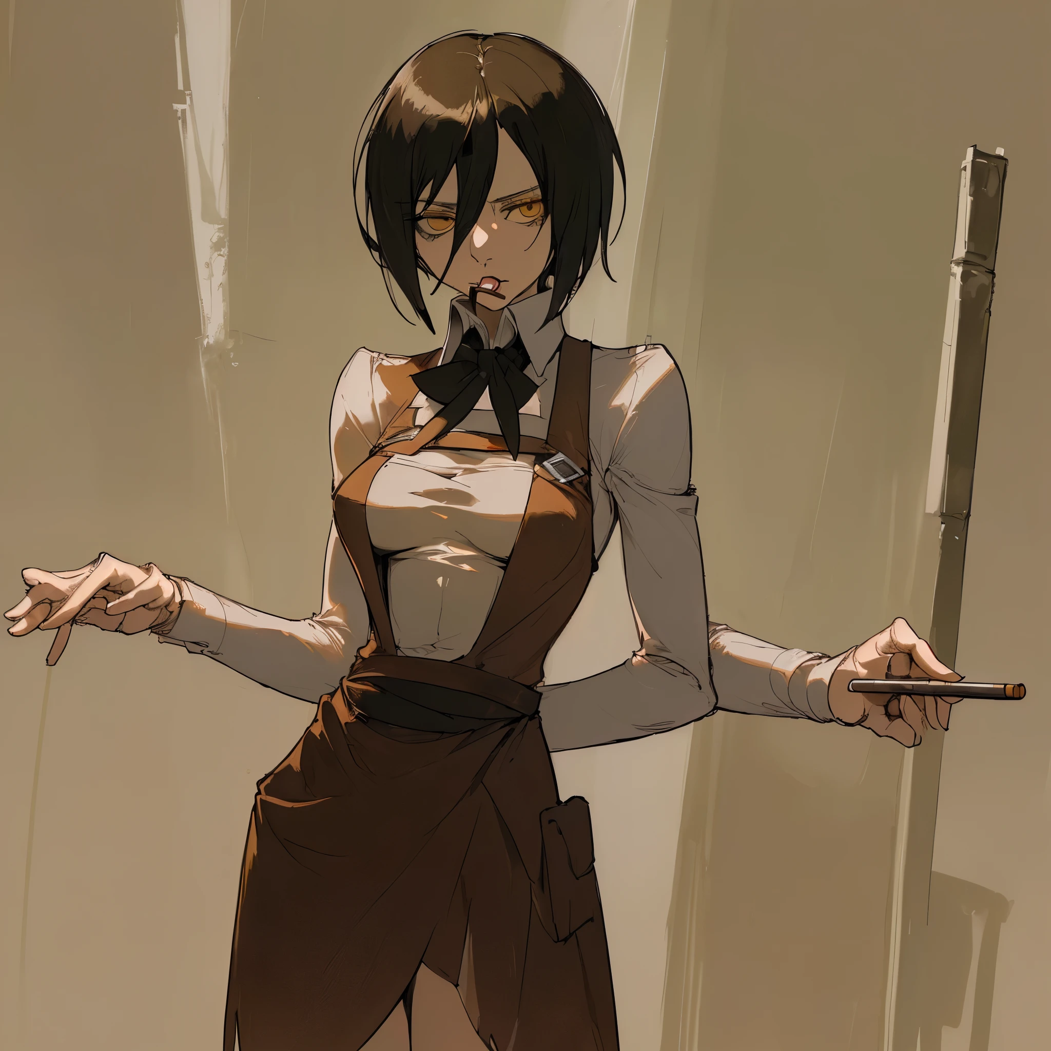 ((Obra maestra)), Mikasa Ackerman, 1 chica, solo, mirando al espectador, medium size breasts, desnuda, fumando un cigarillo