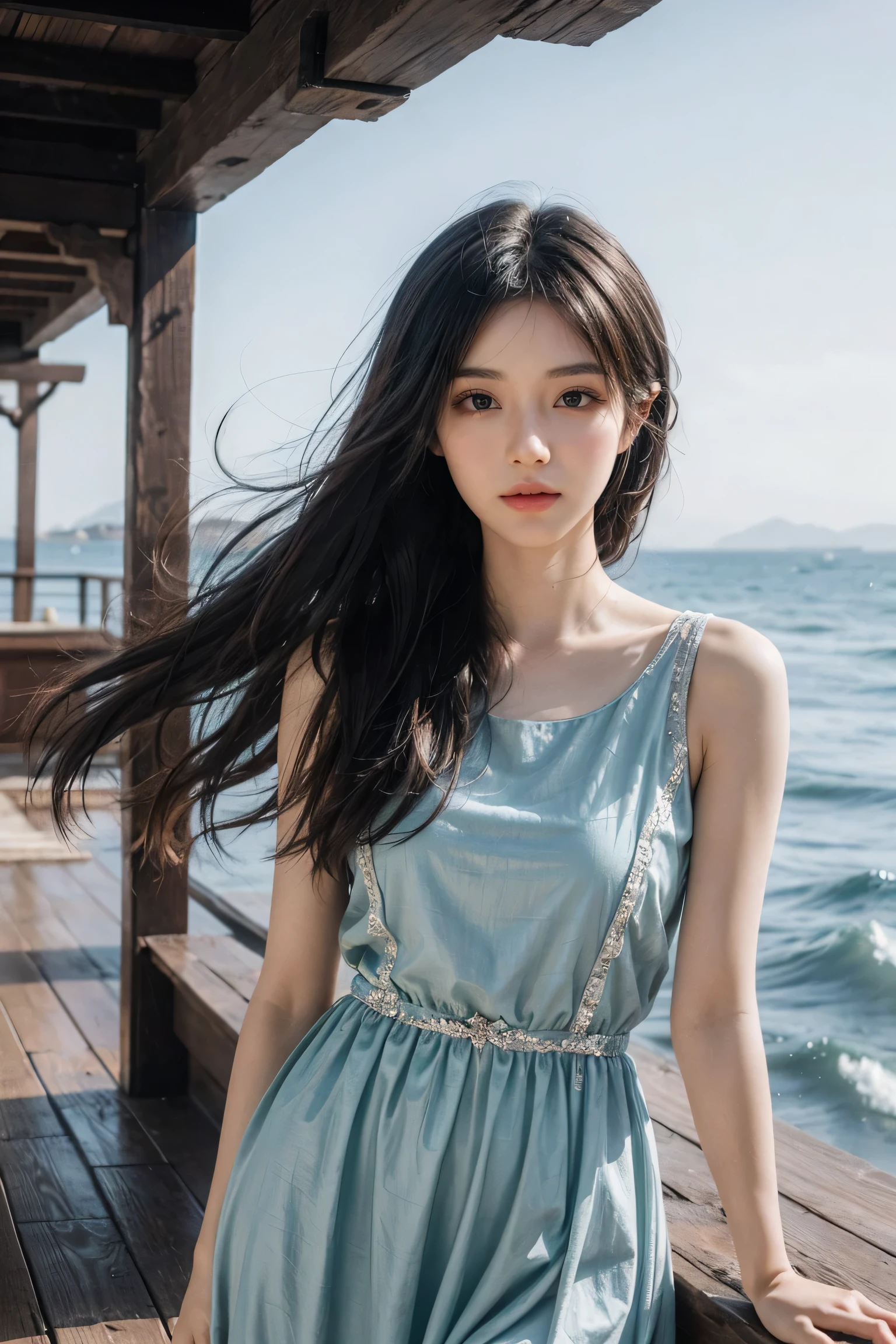 1 girl,kawaii,Detailed face,looking at the audience,focus,masterpiece,best quality, high resolution,8k,complicated,elegant,Very detailed,Dynamic lightingBREAKLong hair flows elegantly in the gentle sea breeze,The fading sunlight casts warmth, Ethereal lighting in the scene. She is dressed elegantly, Light-colored dress fluttering in the wind. Waves in the background gently kiss the shore, There is a sense of tranquility in the air, The overall ambience should evoke a sense of tranquility and beauty