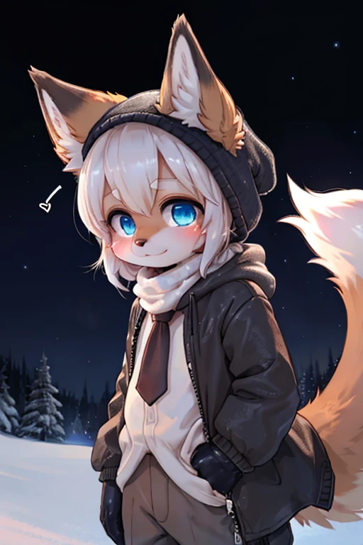 Fox Boy,hairy,shaggy,smooth eyelashes,fur,銀色のfur,forelimb hand, solid circle eye,silver ears,銀色の顔のfur , short silver,blue eyes,cute face,furの灰色の要素,gray hooded jacket with gray hood on,ambient light,極細fur,volume light,night,Natural light,fluffy tail,尻尾をつけたfur,big tail,It's snowing,night,starry sky,Tidal dikes,crossed bangs, hair bundle, shiny hair,Tension,empty eyes, high quality, highly detailed, 最high quality, Ultra HDR, dark brown gloves,smile,white scarf