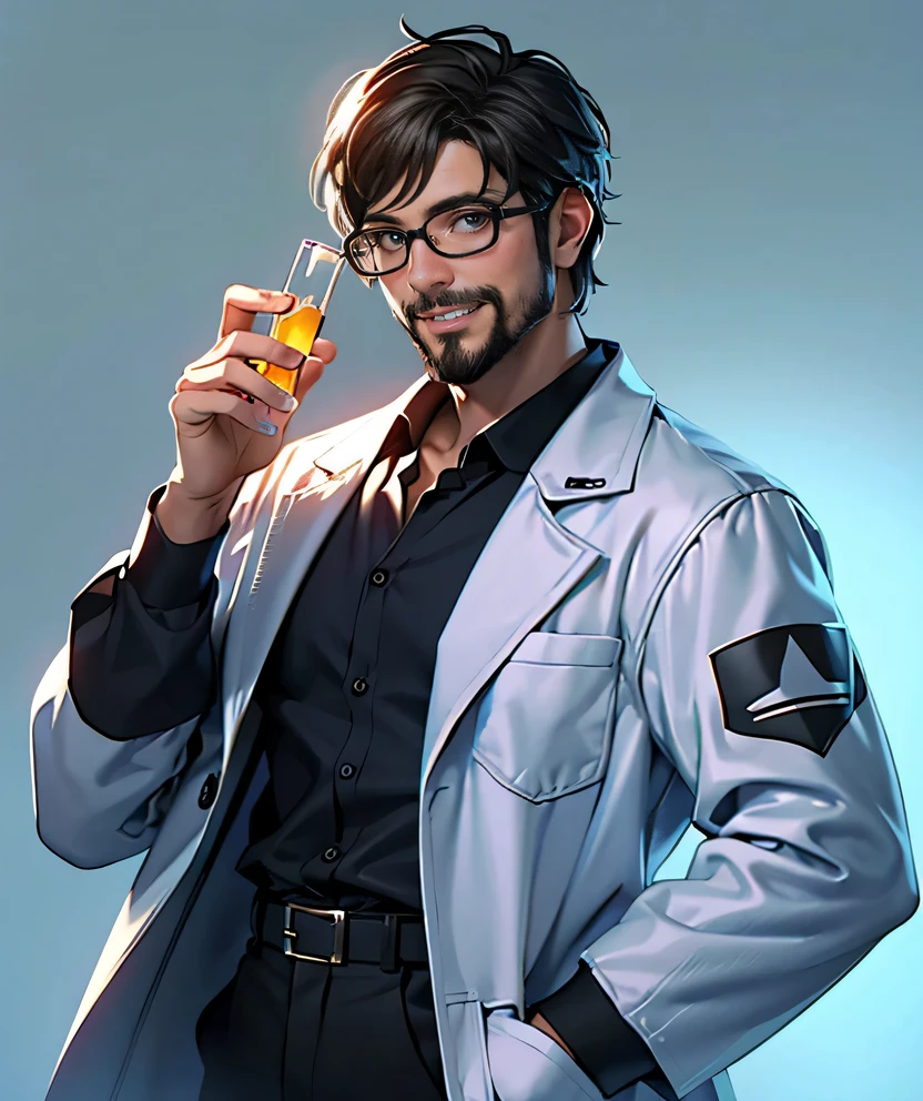 11:23(((best quality: 1.4))),(Unparalleled masterpiece), (Ultra high quality),(Hyper-realistic 8K CG)、（middle aged man有胡子），（There are technological elements on the clothes），（beard），（bad guy），Hand holding experimental equipment，Crazy smile，middle aged man，50 years old， Laugh wildly,look at camera, (Home,, white coat, test tube in hand,Test tube glows, Glasses),dim lights,darkroom,masterpiece,Half body, portrait,Ray tracing