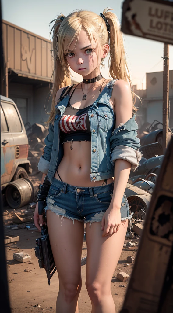 A young blonde girl with pigtails, aged eighteen, wore torn jeans shorts and a ripped denim jacket inside a junkyard. Armed and firing, she stood defiantly against the post-apocalyptic backdrop of the night desert. The angular front camera captured the scene from a bottom-up perspective.