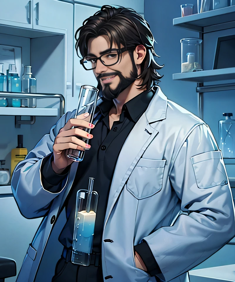 11:23(((best quality: 1.4))),(Unparalleled masterpiece), (Ultra high quality),(Hyper-realistic 8K CG)、(middle aged man有胡子),(There are technological elements on the clothes),(beard),(bad guy),Hand holding experimental equipment,Crazy smile,middle aged man,50 years old, Laugh wildly,look at camera, (Home,, white coat, test tube in hand,Test tube glows, Glasses),dim lights,darkroom,masterpiece,Half body, portrait,Ray tracing