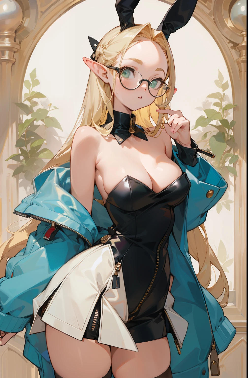 (masterpiece, best quality) detailed, silver accessories , zipper unzipped , blond ,elegant, pointed ears ,Off the shoulders,Black over-the-knee stockings,round frame glasses,Big ,edgBunny,bunny girl