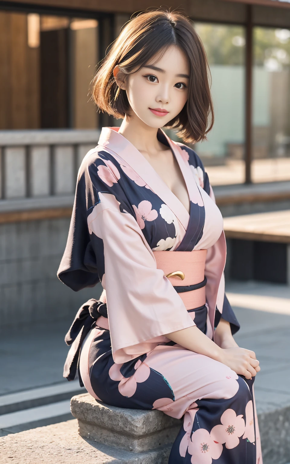 (yinchuan:1.5), close-up, masterpiece, best quality, raw photo, photorealistic, (((Small breasts: 2.0))), cleavage, beautiful face, soft smile, 20-year-old girl, light pink yukata, floral yukata, ((sits on a chair, beautiful legs visible)))), night, depth of field, high resolution, ultra detail, fine detail, highly detailed, highly detailed eyes and face, sharp pupils, realistic pupils, ((round brown glasses)), areola slip, dark blonde berry shorthair, ((full body)), from below,