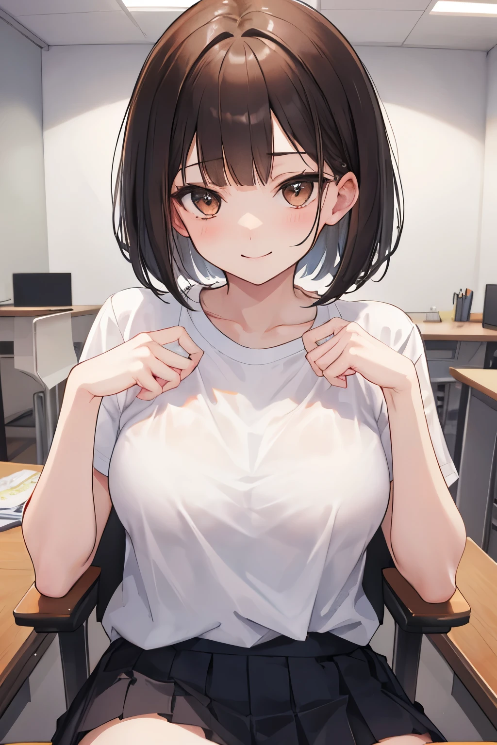 frame in, from right in front of face and body, view straight on, upper body, High quality, very high res, High quality, cute girl, brown hair, forehead, blunt bangs, bob cut, blush, Brushed up bangs, (white wearing a plain t-shirt), small breasts, upright, pleated skirt, work desk, sitting in a work chair, arms up behind, (pov hands:1.4), (clothed  breast touch:1.2), (guiding hand), at office