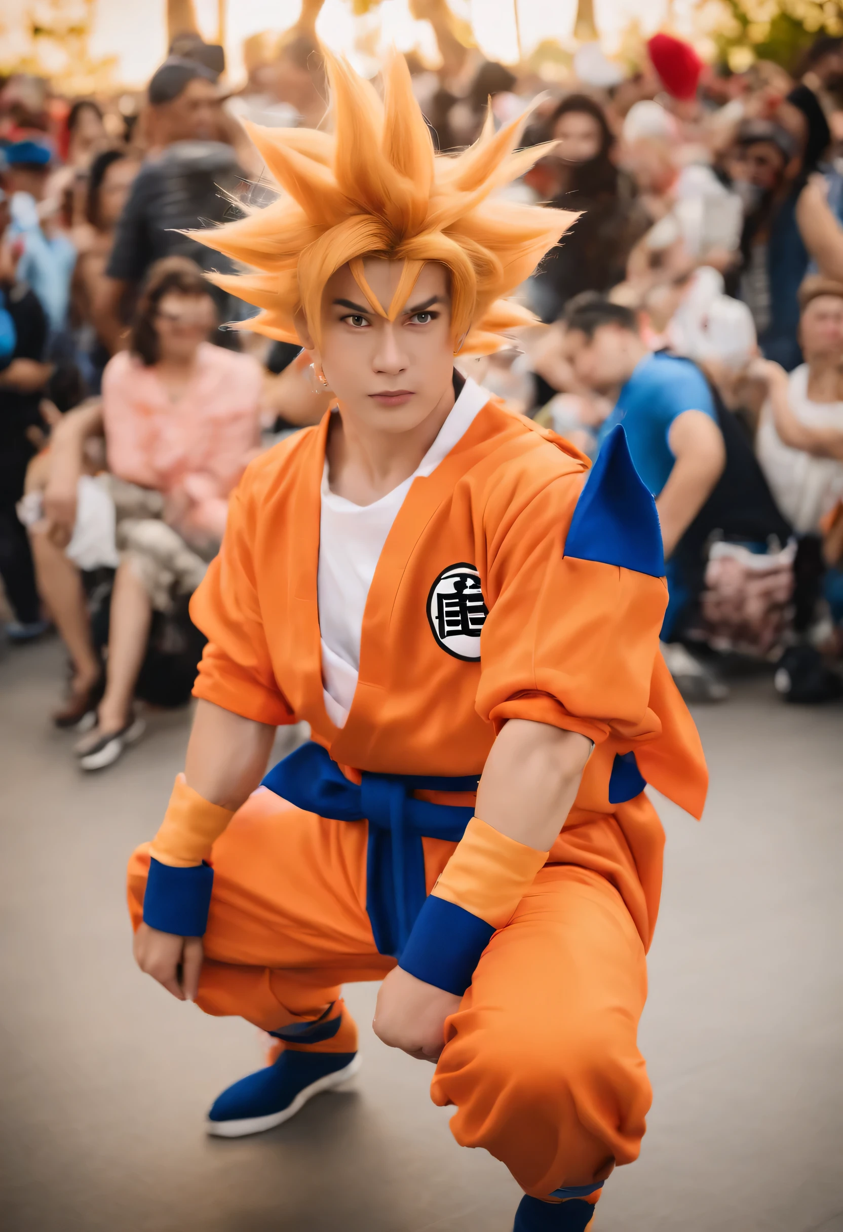 (8K RAW写真,highest quality, masterpiece:1.2), (realistic, photo-realistic:1.37), Cosplayer posing in Goku cosplay from Dragon Ball, Comic festival that attracts a large number of people,