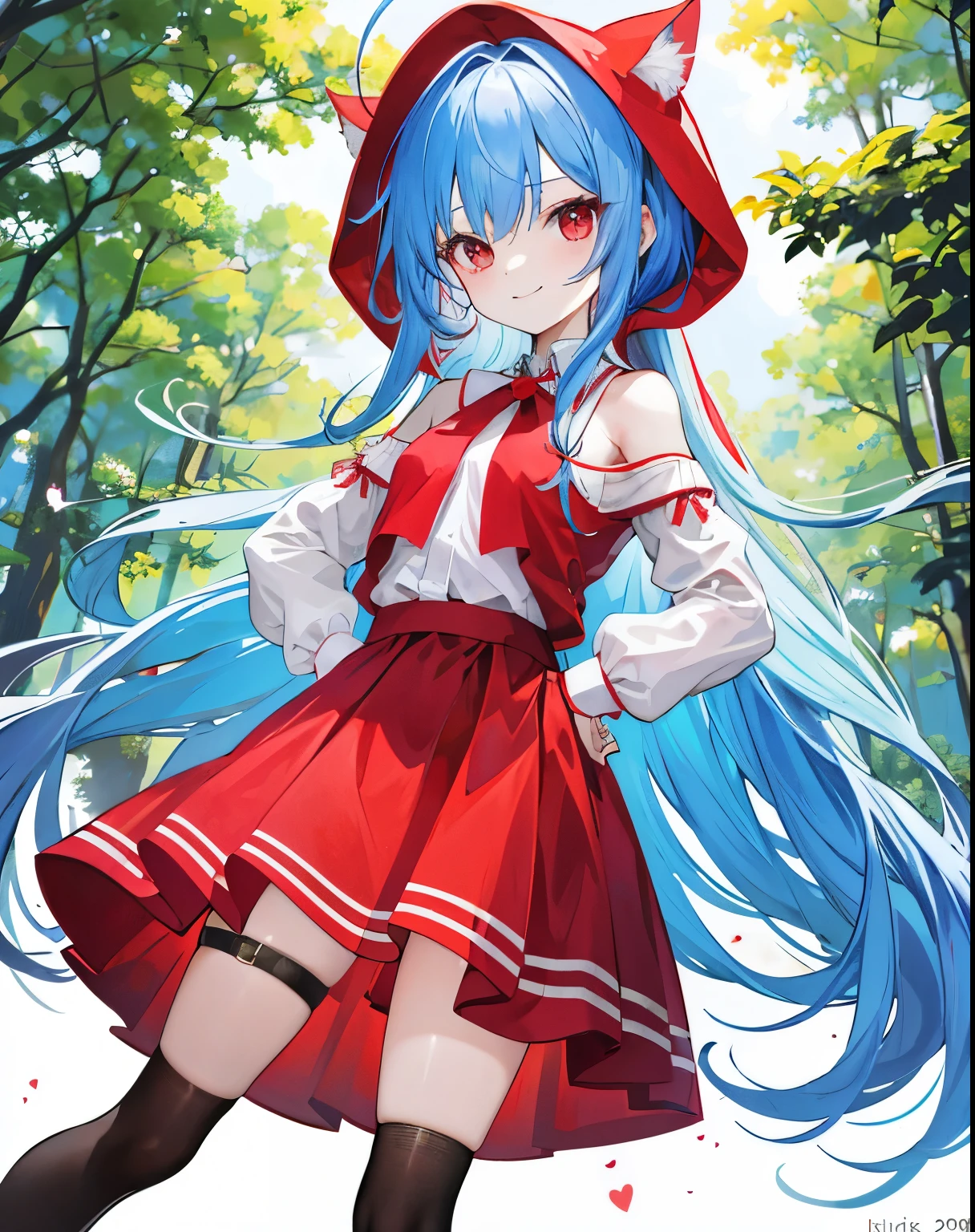 small breasts,red ahoge,masterpiece,Elementary school student 9 years old girl,alone,long hair,light blue hair,off shoulder:1.2, little red riding hood,forest,put your hands on your hips,naked pussy tits naked nipples smiling smug、brat,spread your legs,Red pattern,Man juice dripping,Red short skirt shows pussy,Standing picture,black stockings,hearts in the eyes