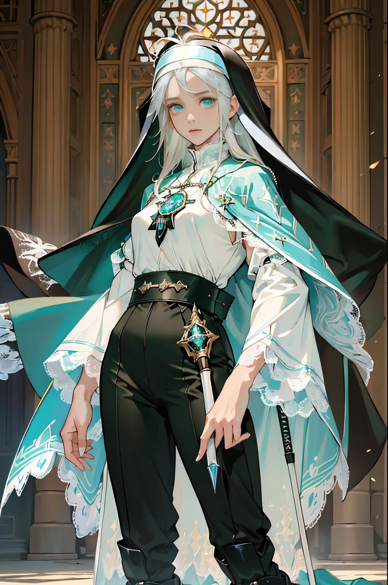 masterpiece, ultra detailed, 8k portrait, RAW photo, portrait photography, Highly detailed face, beautiful and meticulous eyes, ((Fantasy)), Young beautiful, (((Nun))), (((((standing))))), ((light blue long thin hair)), ahoge, forehead, Gentle face, White skin, (((green and white puffy sleeve lace priest robes))), ((brown cape)) Fluttering in the wind, (((lowleg kneel length pants))), Leather boots, ((((equip a magic wand)))), Midday Sun, Hyper realistic, Body model, Small breasts, Beautiful breasts, Long legs, in the medieval adventurer's guild, Ambient lighting, Shadow details, Camera focus on face, strong breeze, Light fog