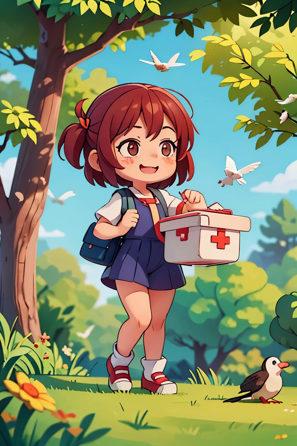 saves an injured magpie,very happy,喜鹊也very happy,Teary eyes,Girl carrying a medical kit,Come and save the birds,Girl carrying medical box with red cross on bag