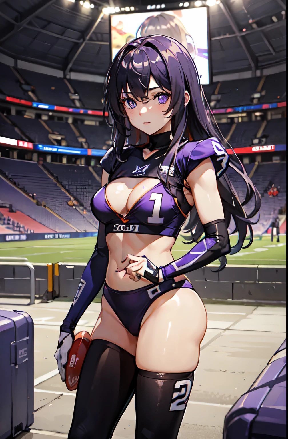 wearing football_uniform, inside_stadium, FernFrieren, very long hair, purple eyes, (purple pupils),, ultra detailed, masterpiece, best quality, aesthetic, detailed,