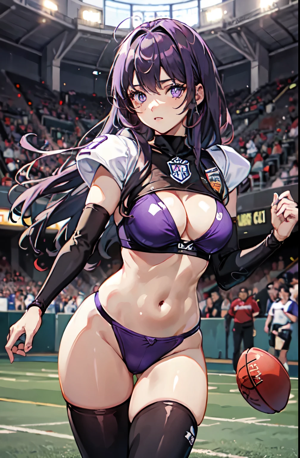 wearing football_uniform, inside_stadium, FernFrieren, very long hair, purple eyes, (purple pupils),, ultra detailed, masterpiece, best quality, aesthetic, detailed,