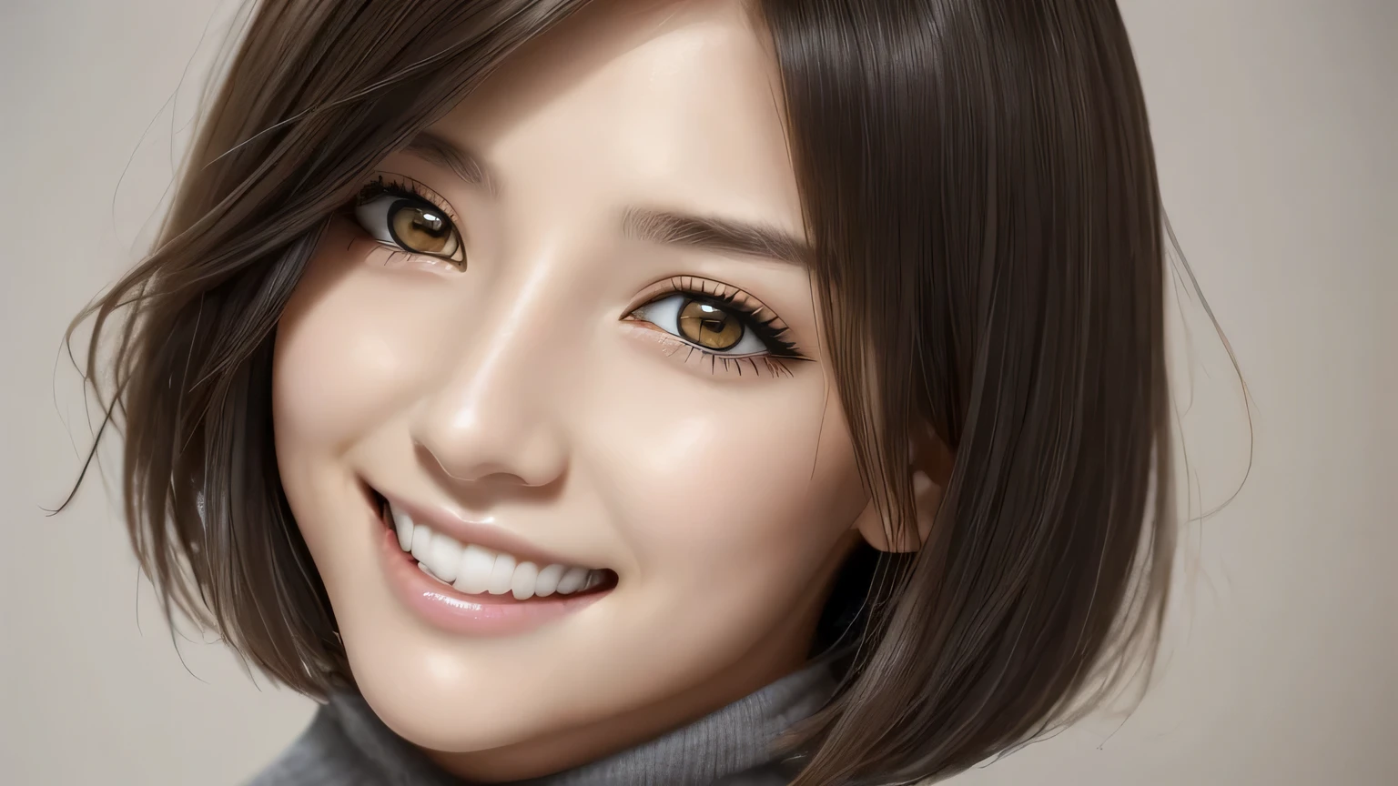 1 female、28 years old、Adult and realistic face、long face、beautiful hair、brown hair、shortcut、bob cut、hair is dirty、fine and beautiful eyes、slanted eyes、yellow eyes、A smile full of fearlessness、closed mouth smile、brown skin、face straight toward the camera、gray turtleneck、