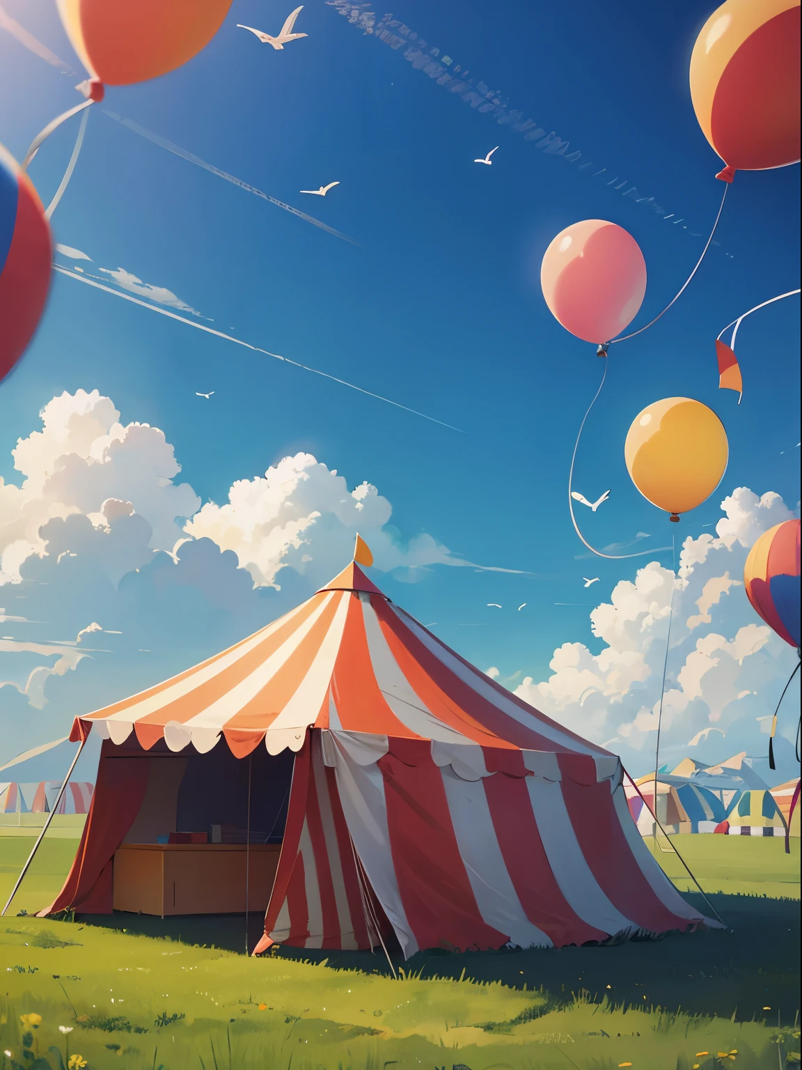 Simple background with clouds and grass, Circus tent, balloon，nobody