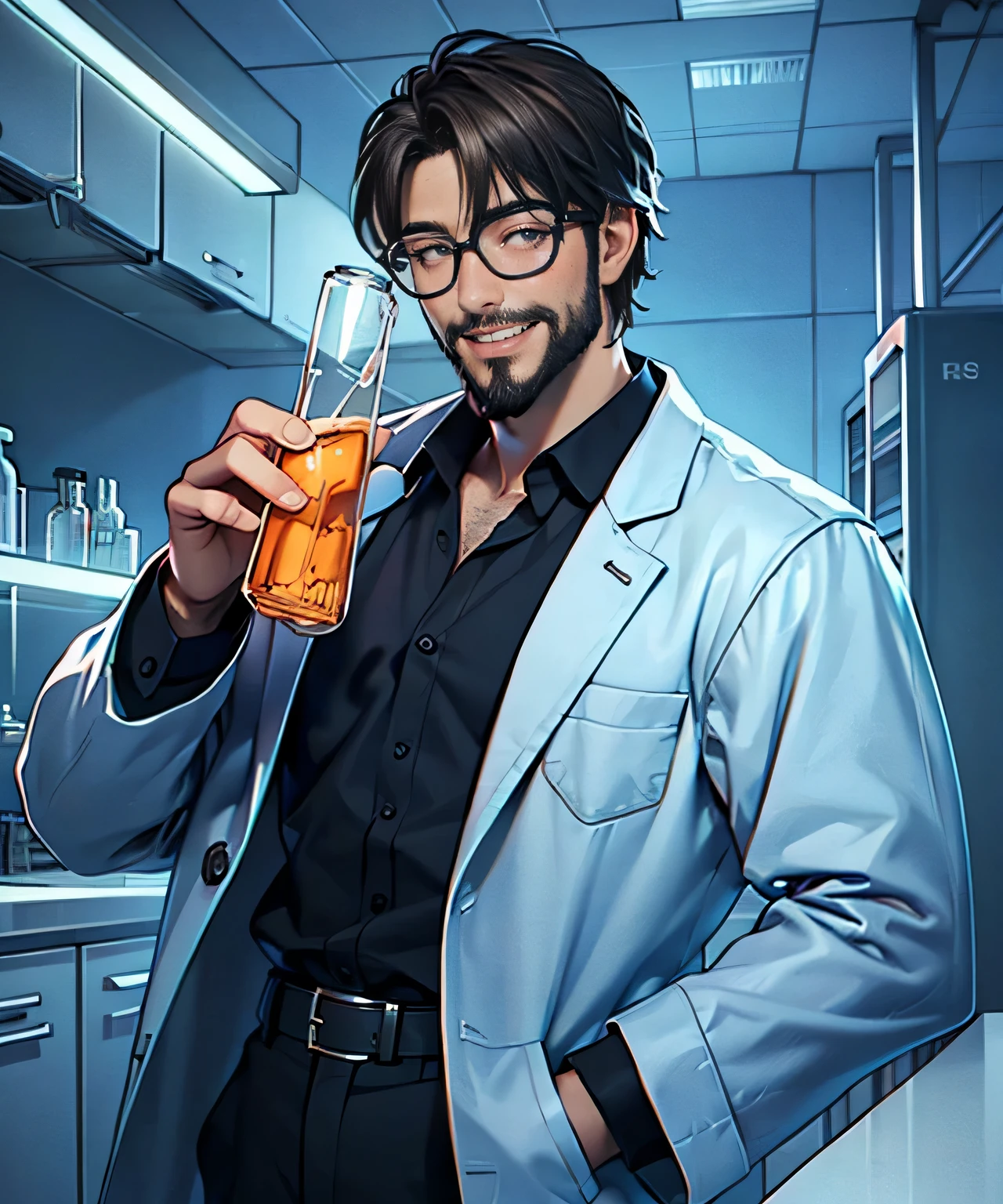 11:23(((best quality: 1.4))),(Unparalleled masterpiece), (super high quality),(Hyper-realistic 8K CG)、（middle-aged man有胡子），（There are technological elements on the clothes），（beard），（bad guy），Handheld experimental equipment，crazy smile，middle-aged man，50 years old， Laugh wildly,look at camera, (Home,, white coat, test tube in hand,Test tube glows, Glasses),dim lights,darkroom,masterpiece,Half body, portrait,Ray tracing