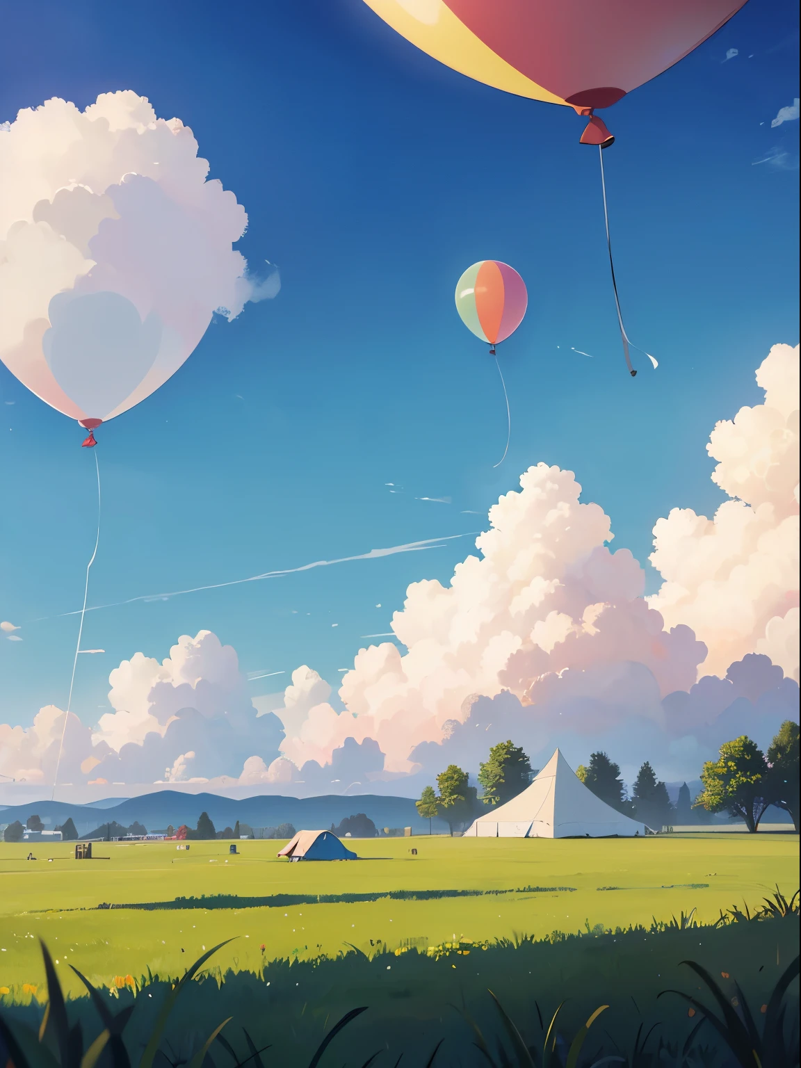 Simple background with clouds and grass, picnic tent, balloon，nobody