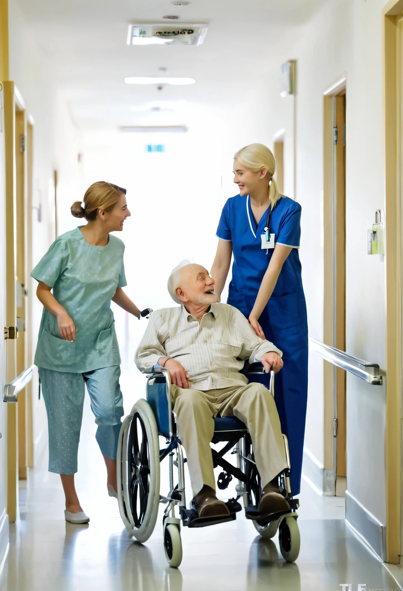 a woman,in the hospital corridor,Pushing a wheelchair,An old man is sitting in a wheelchair,They are talking happily