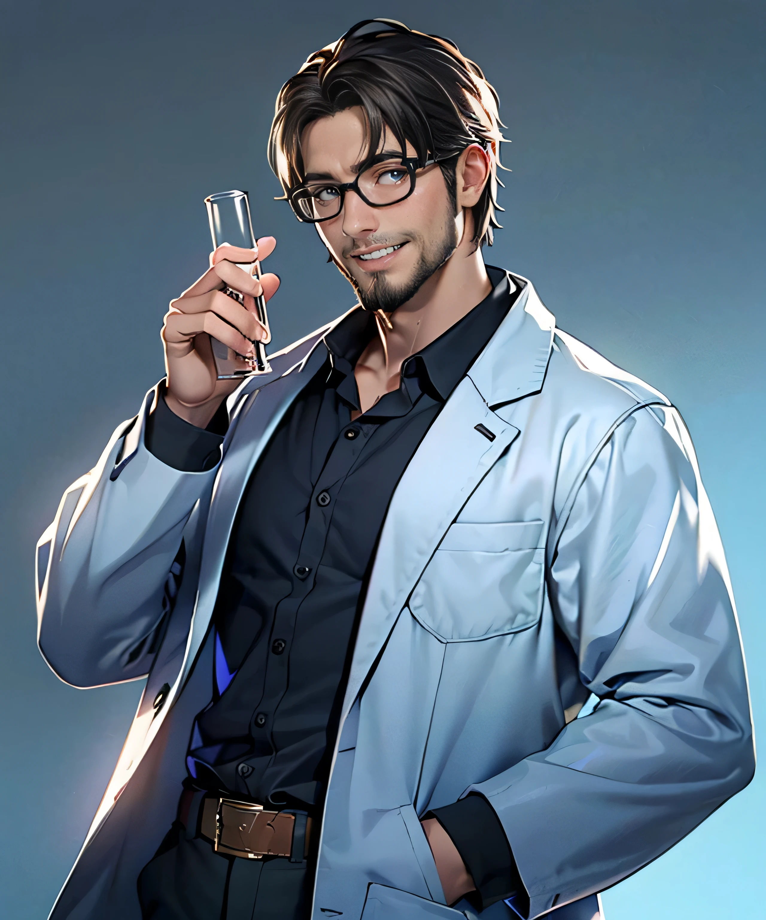 11:23(((best quality: 1.4))),(Unparalleled masterpiece), (super high quality),(Hyper-realistic 8K CG)、(middle-aged man有胡子),(There are technological elements on the clothes),(beard),(bad guy),Handheld experimental equipment,crazy smile,middle-aged man,50 years old, Laugh wildly,look at camera, (Home,, white coat, test tube in hand,Test tube glows, Glasses),dim lights,darkroom,masterpiece,Half body, portrait,Ray tracing